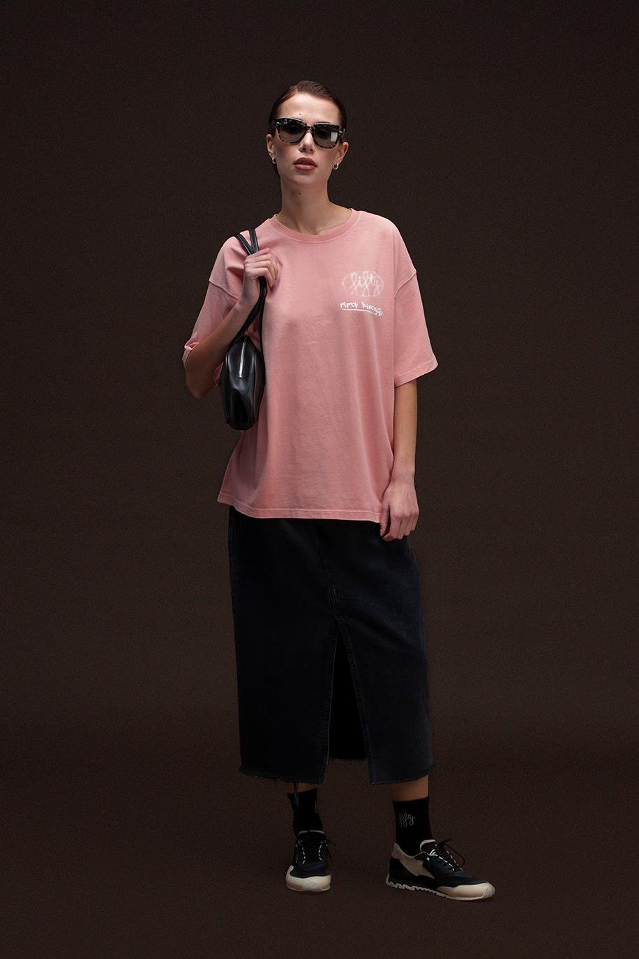 Kadın Gül Kurusu Oversize Asit Yıkamalı T-Shirt