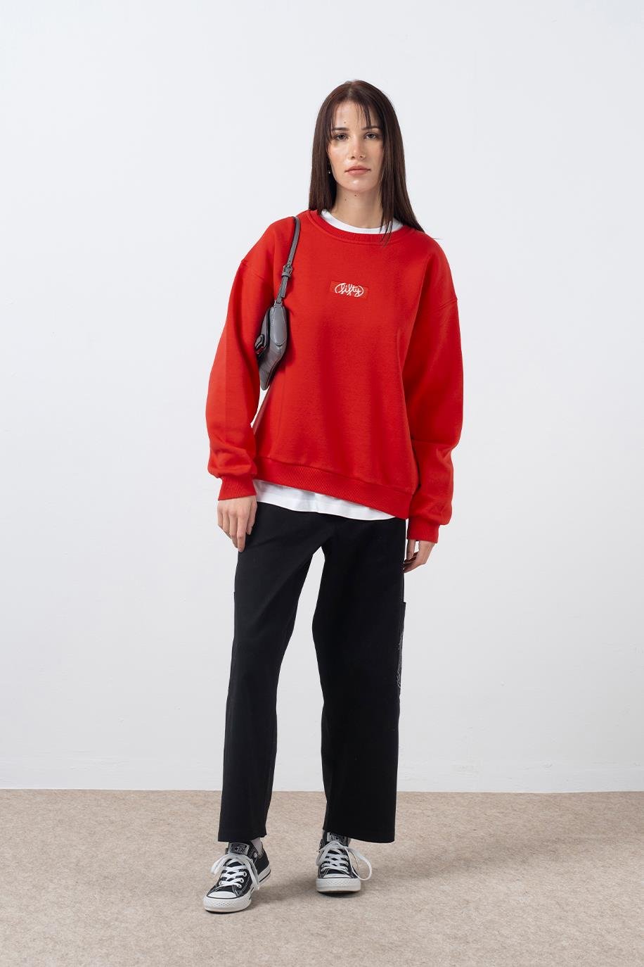 Kadın Kırmızı Oversize Sırt Baskılı Sweatshirt