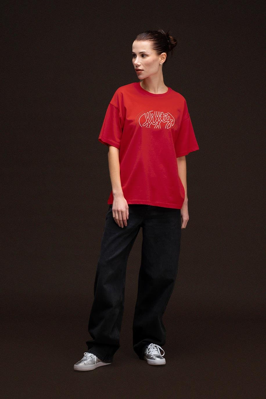 Kadın Kırmızı Oversize Sırt Baskılı T-Shirt