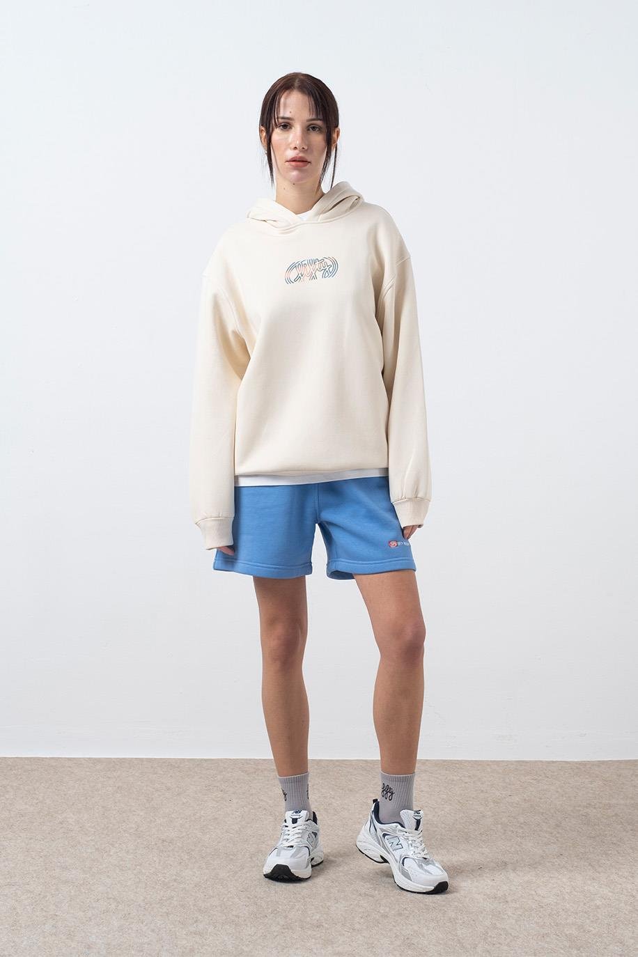 Kadın Kum Oversize Sırt Baskılı Hoodie