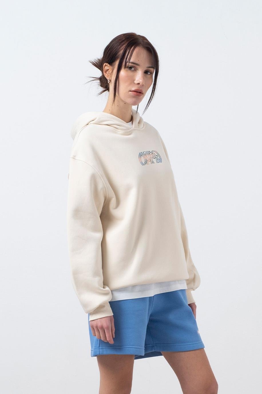 Kadın Kum Oversize Sırt Baskılı Hoodie