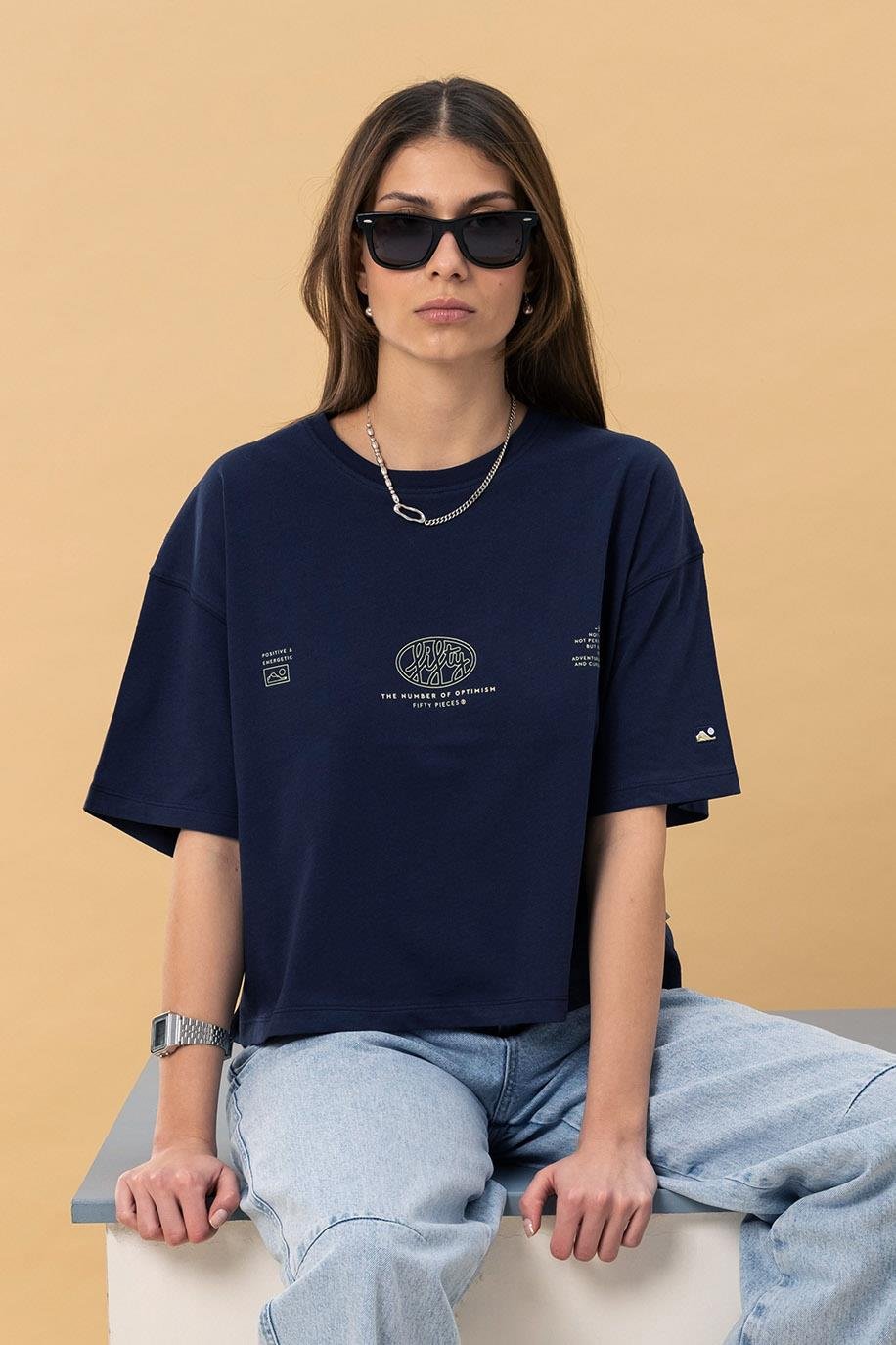 Kadın Lacivert Core Oversize Mid-Length T-Shirt