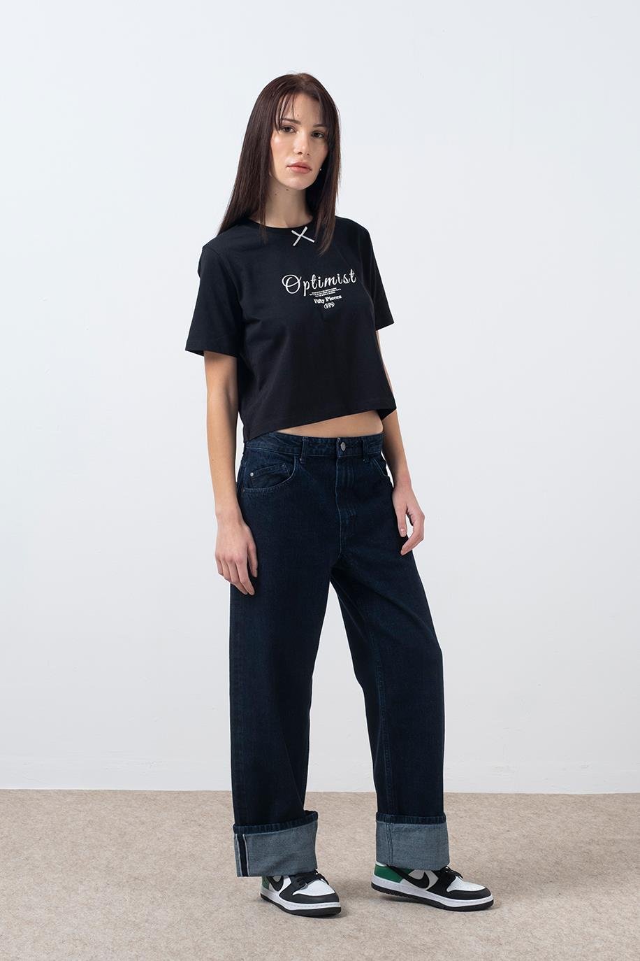 Kadın Siyah Fiyonk Detaylı T-Shirt