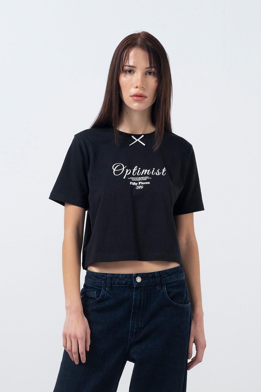 Kadın Siyah Fiyonk Detaylı T-Shirt