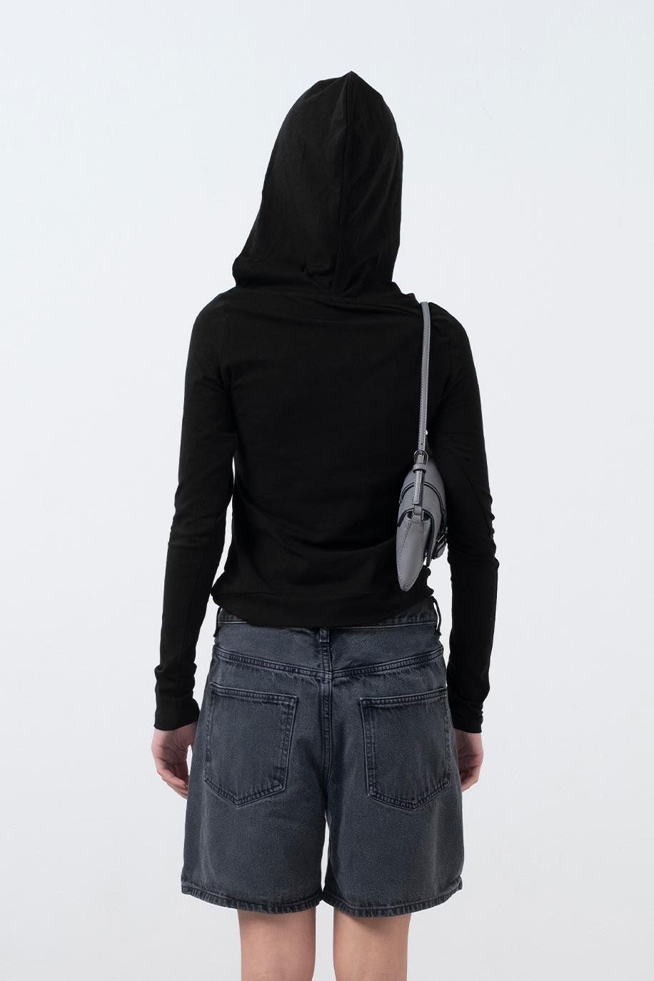 Kadın Siyah Kapüşonlu Uzun Kollu Bluz