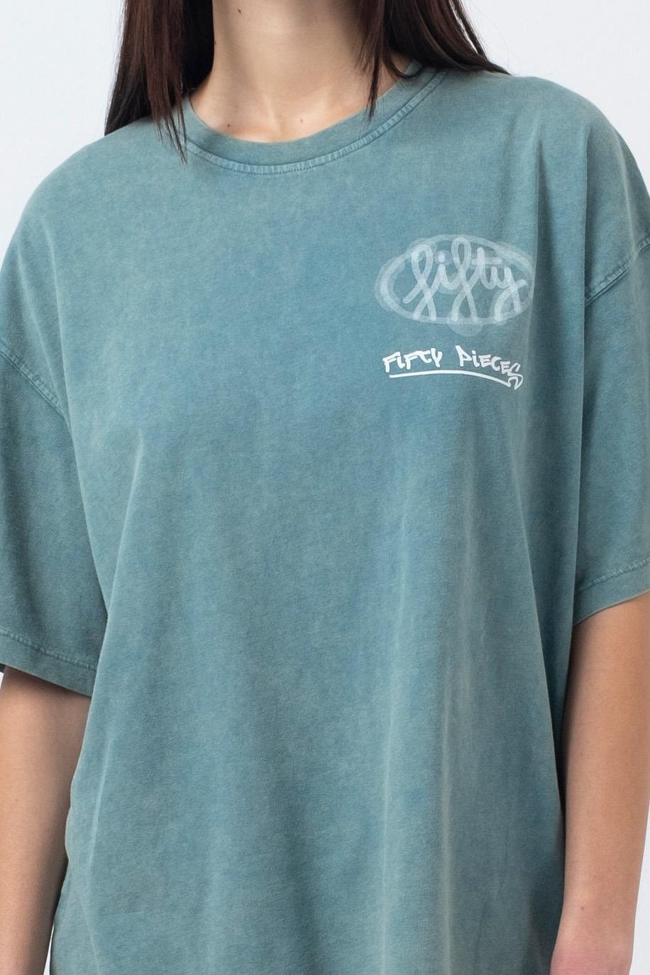 Kadın Yeşil Oversize Asit Yıkamalı T-Shirt