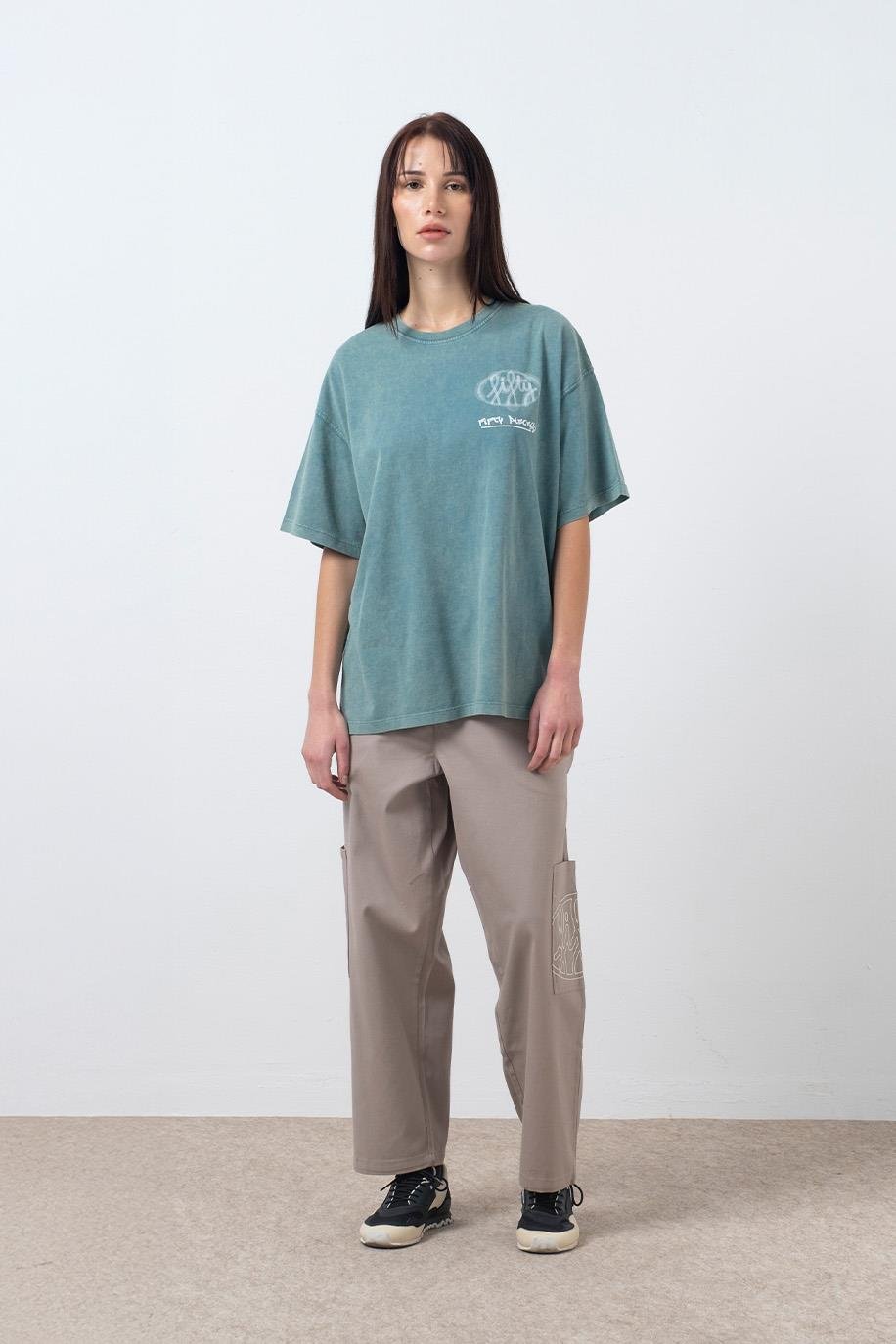 Kadın Yeşil Oversize Asit Yıkamalı T-Shirt