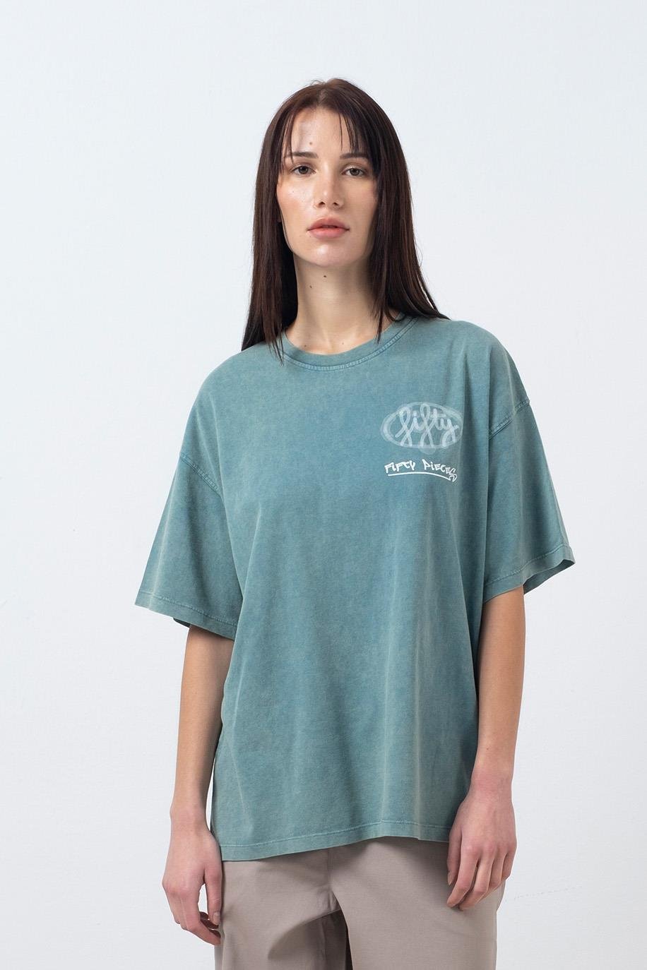 Kadın Yeşil Oversize Asit Yıkamalı T-Shirt