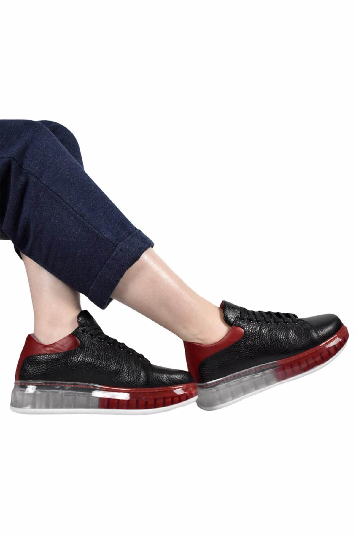 Hakiki Deri Siyah Kırmızı Kadın Sneaker ITW305BRW