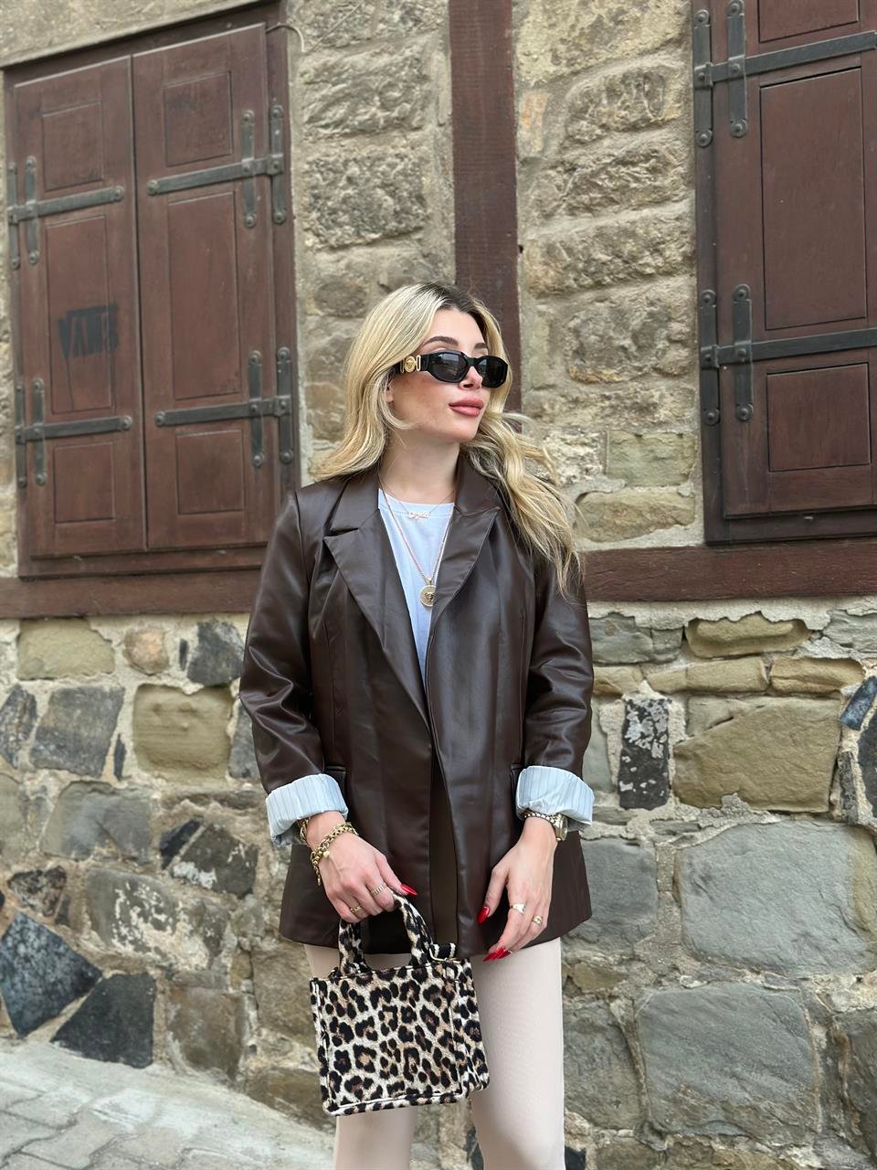 9321-Acı Kahve Deri Blazer Ceket
