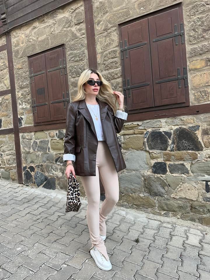9321-Acı Kahve Deri Blazer Ceket
