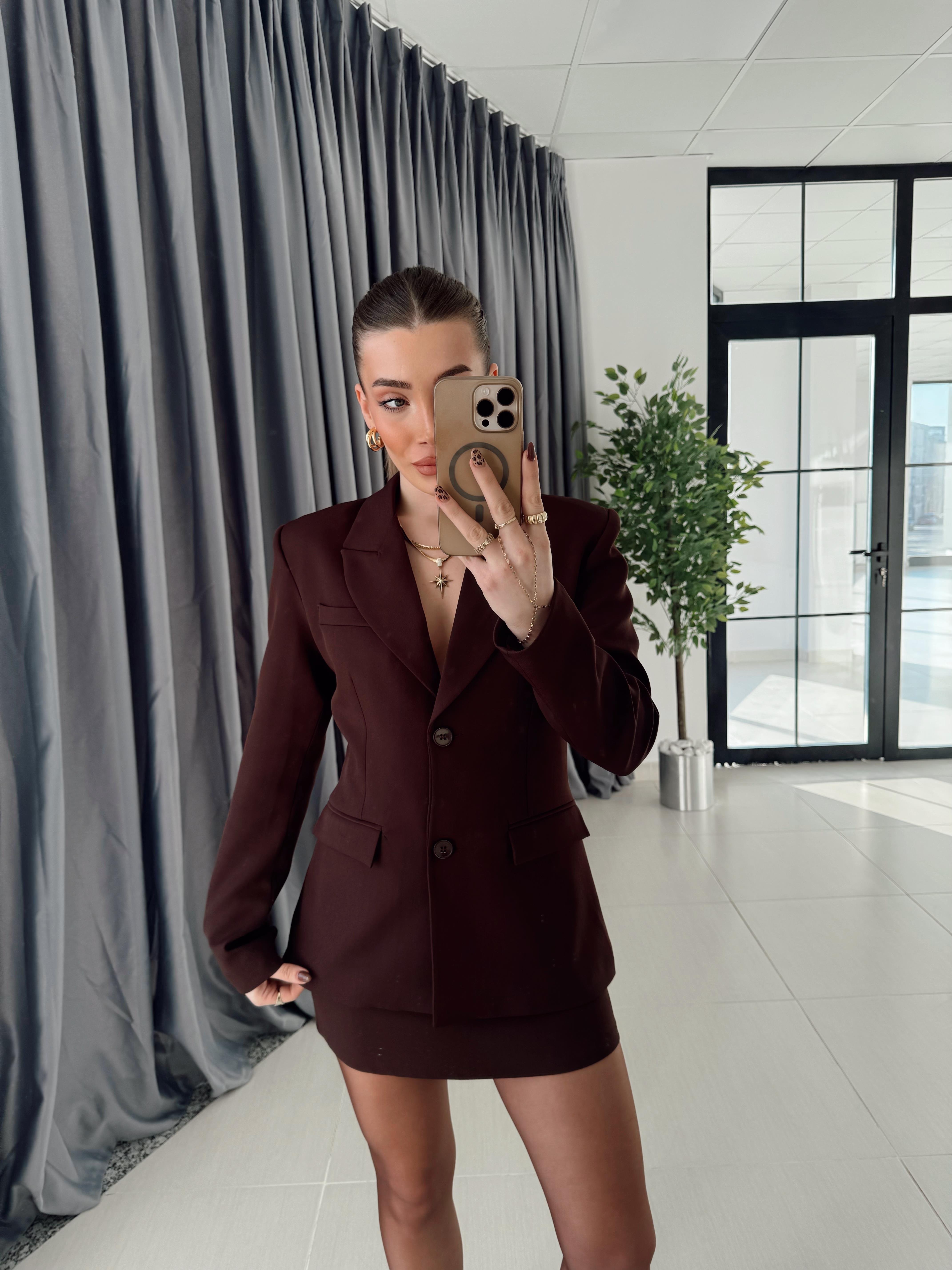 Acı Kahve Blazer Ceket-Etek Takım