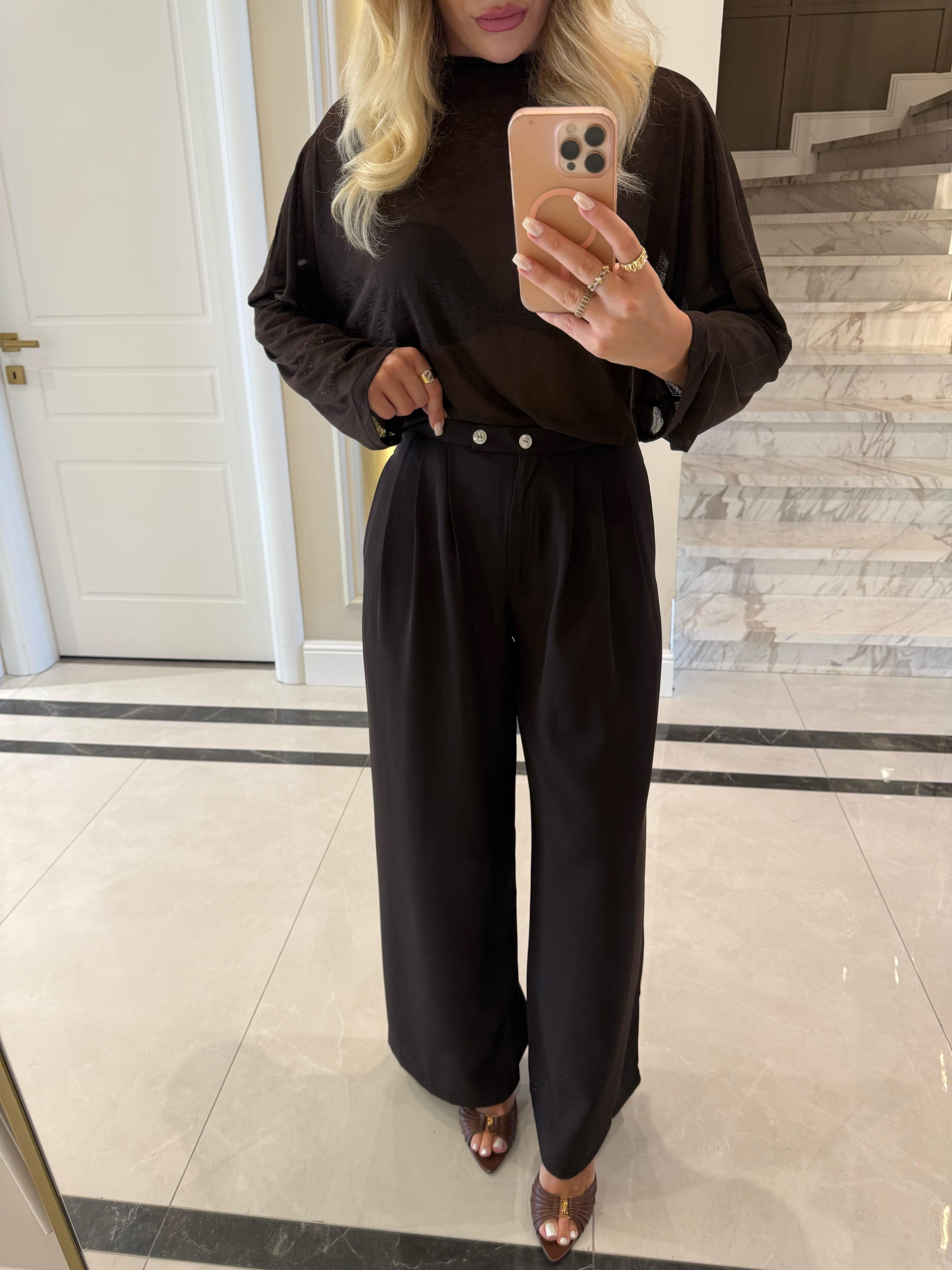 Acı Kahve Çift Düğmeli Pileli Palazzo Pantolon