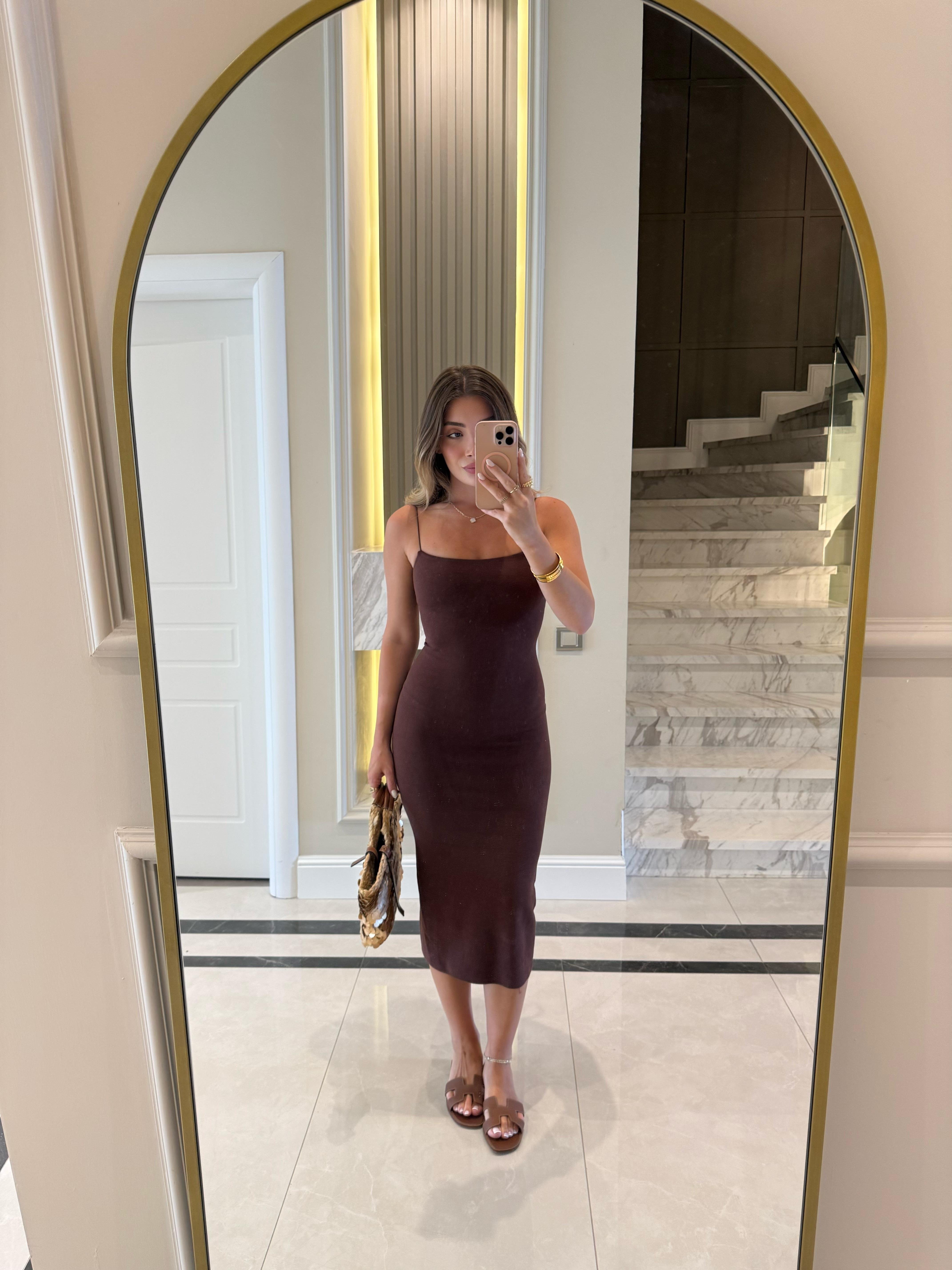 Açık Kahve Askılı Midi Elbise -91495