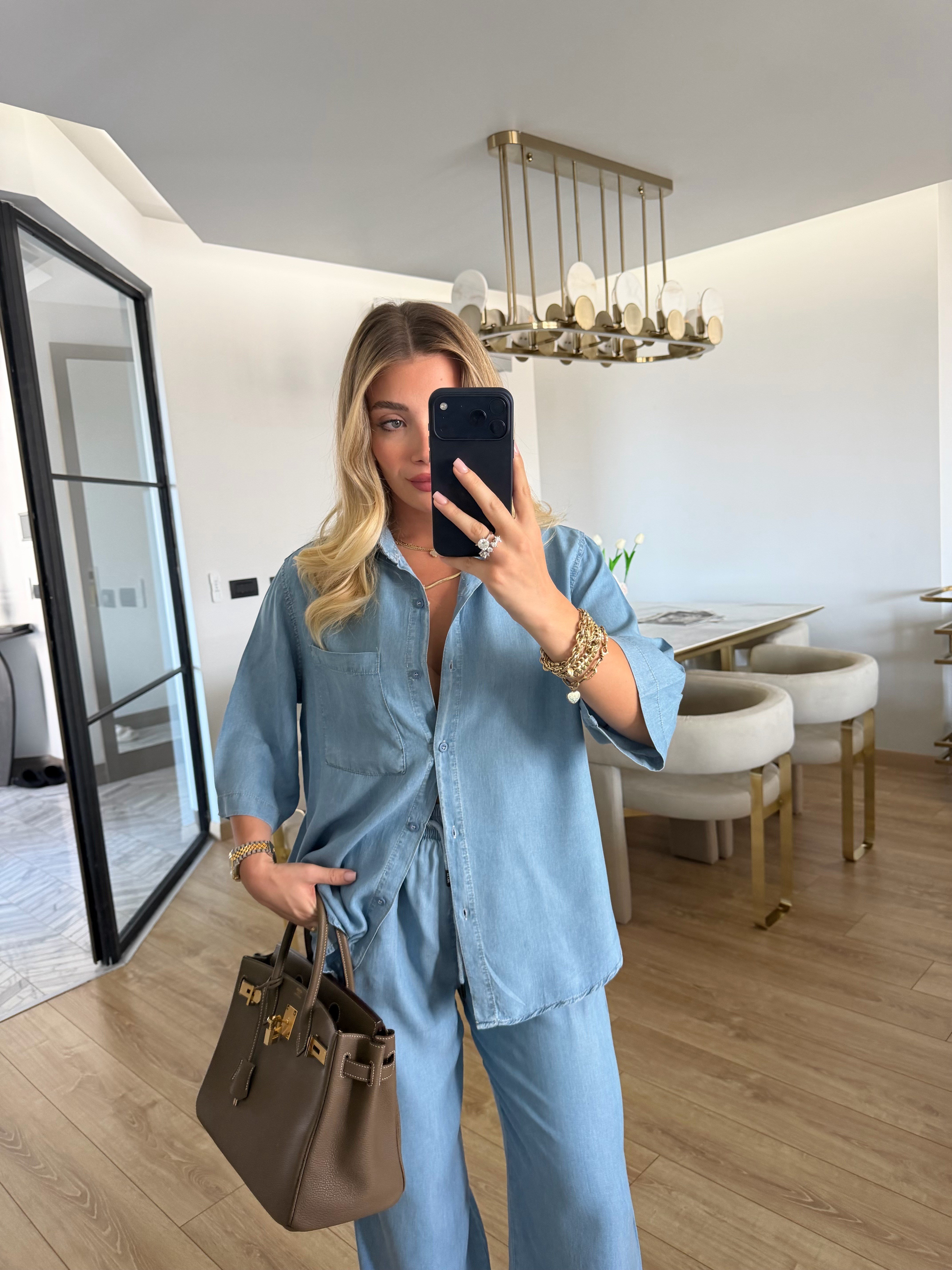 Açık Mavi Denim Görünümlü Tensel Kumaş Gömlek-Pantolon İkili Takım