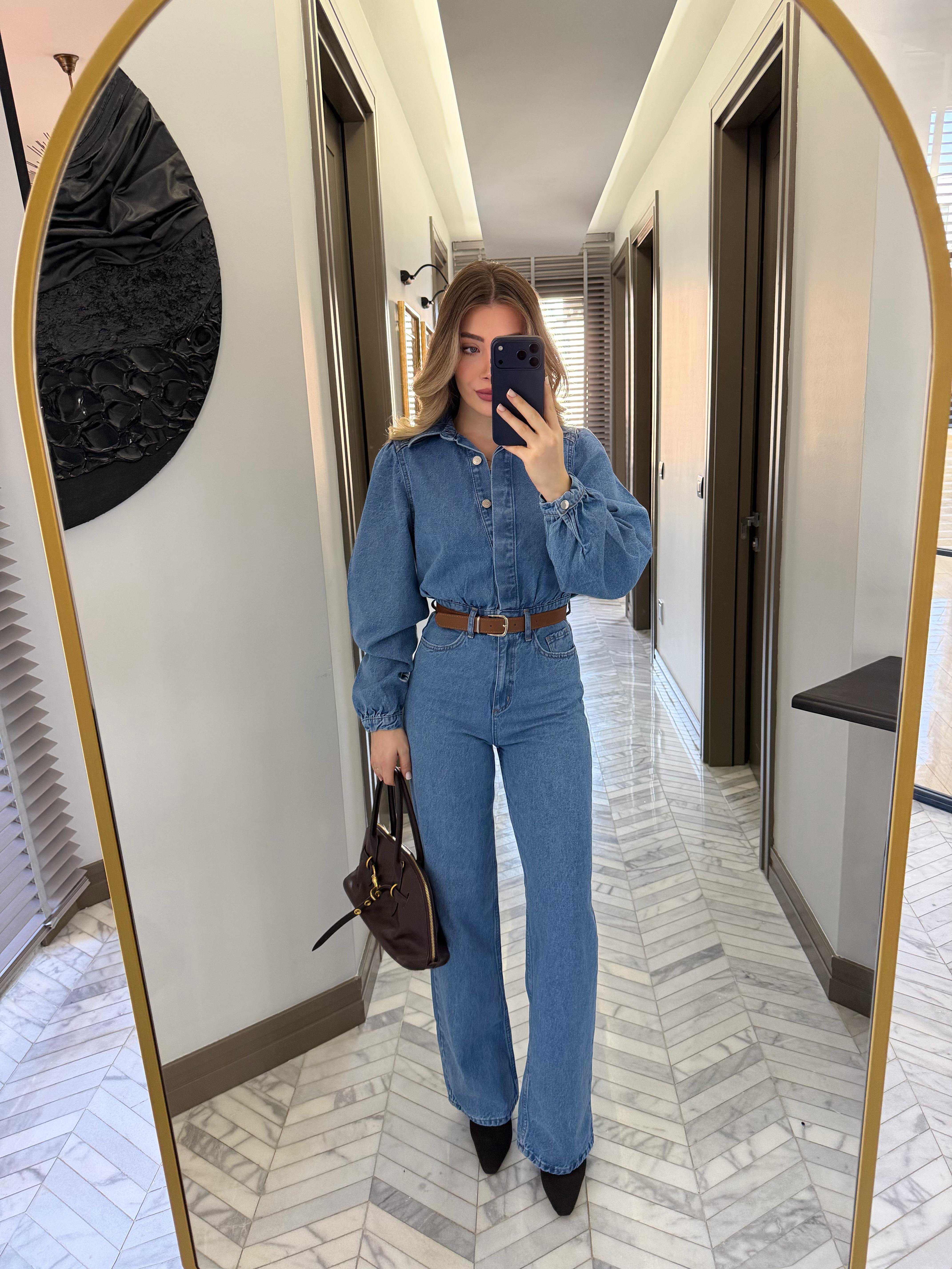 Açık Mavi Denim Kemerli Tulum -8152