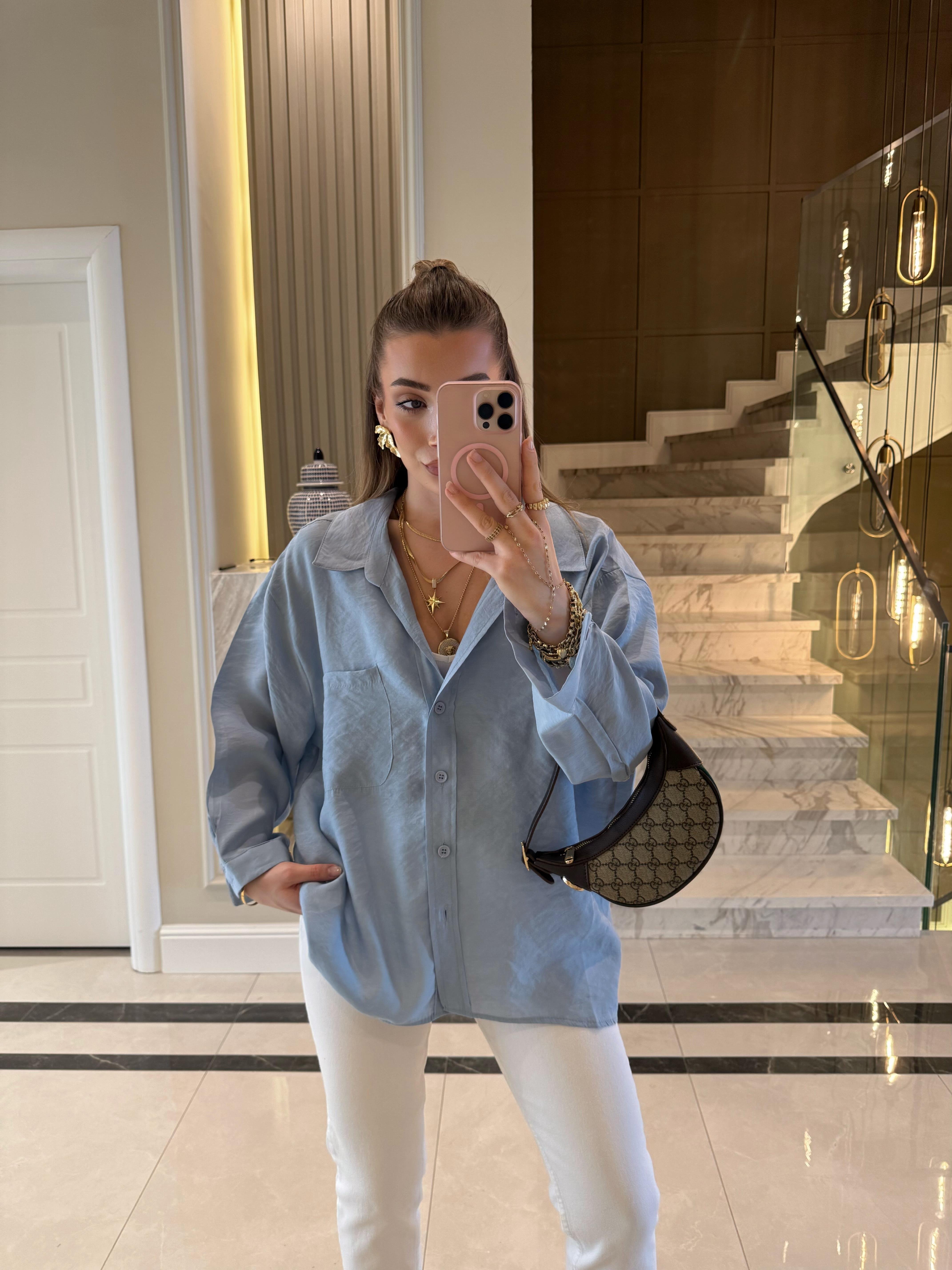 Açık Mavi Oversize Tensel Gömlek