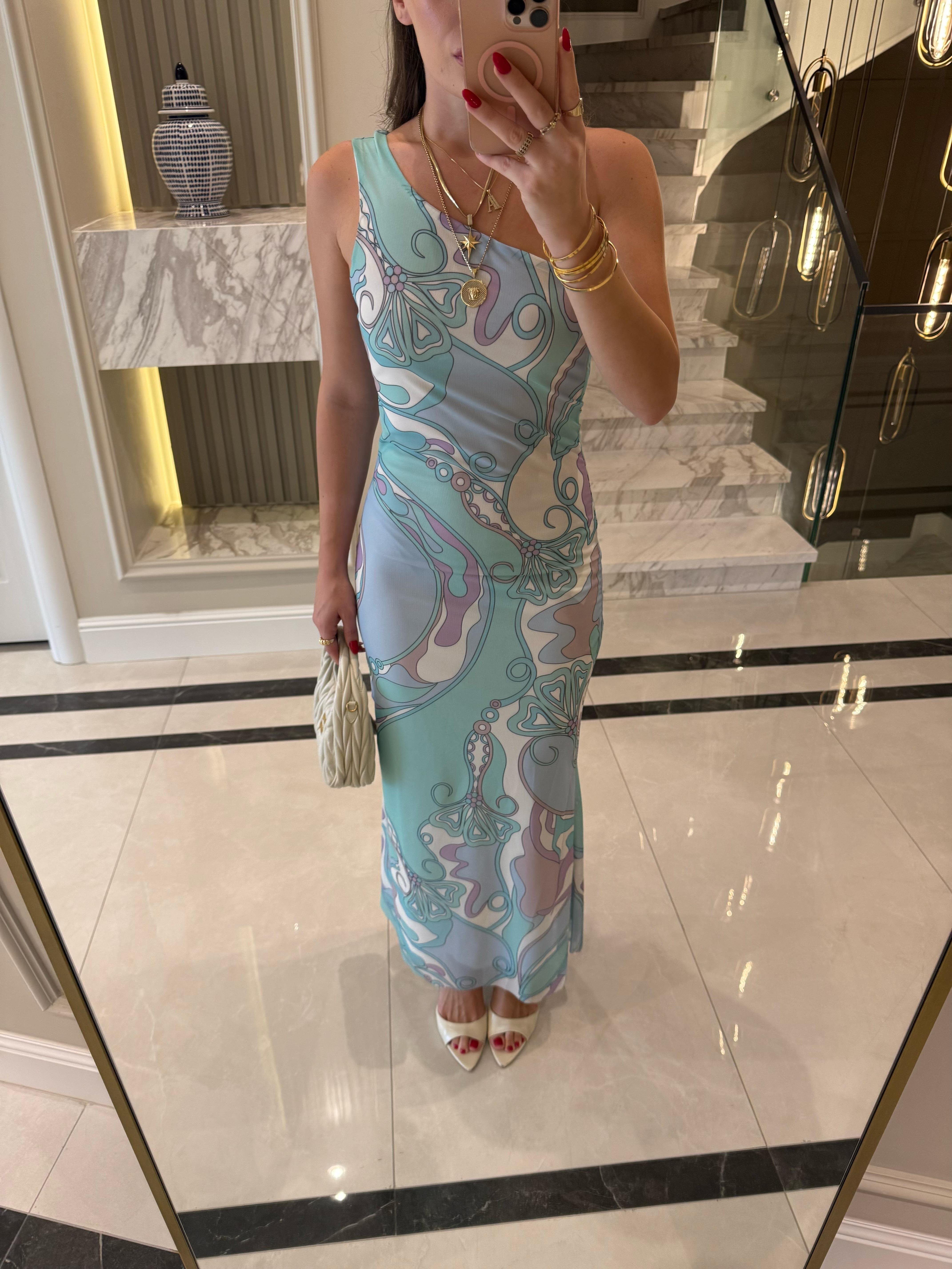 Açık Mavi Tek Omuzlu Bedeni Saran Desenli Elbise