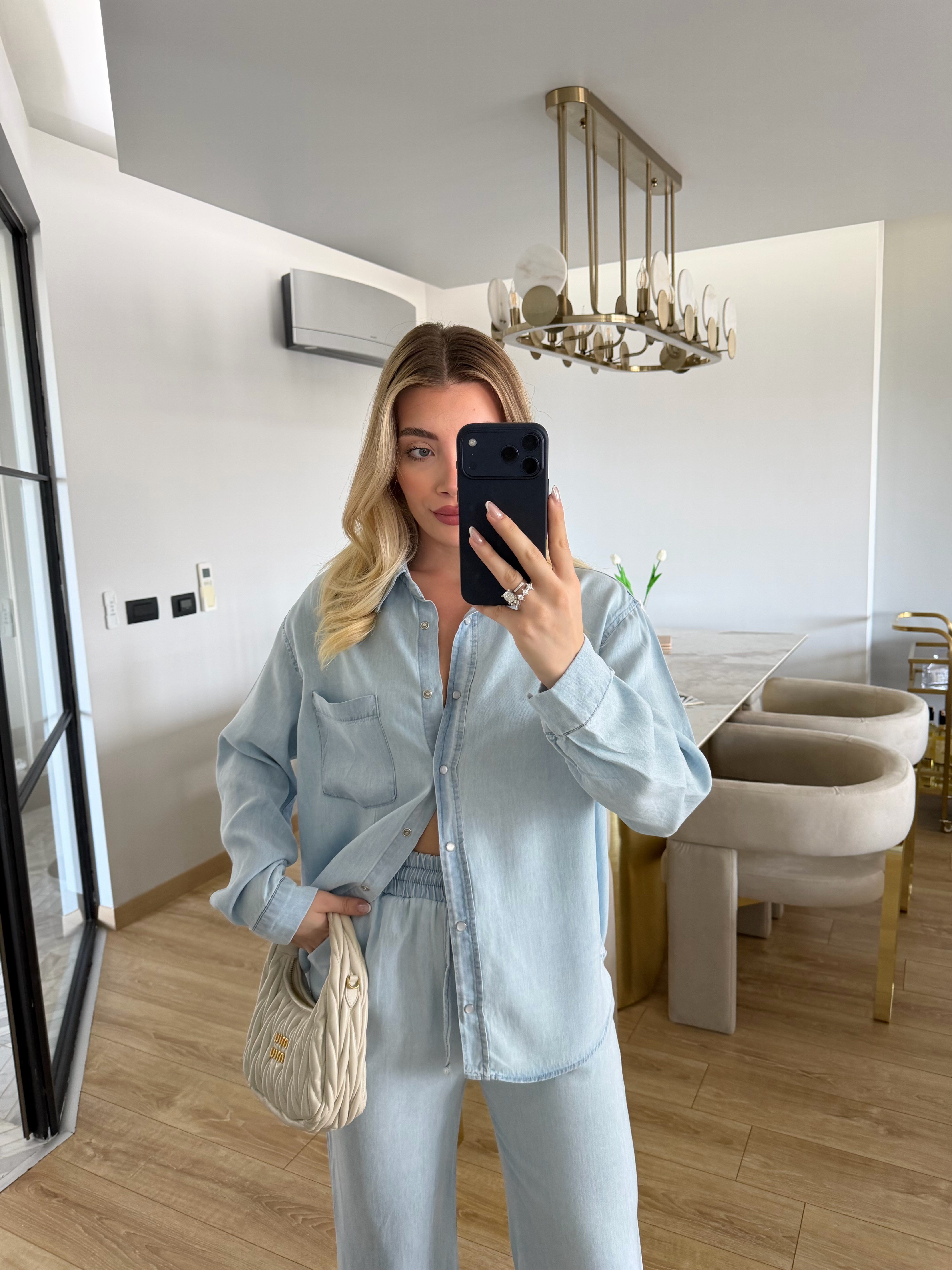 Açık Mavi Tensel Gömlek-Pantolon İkili Takım 37358