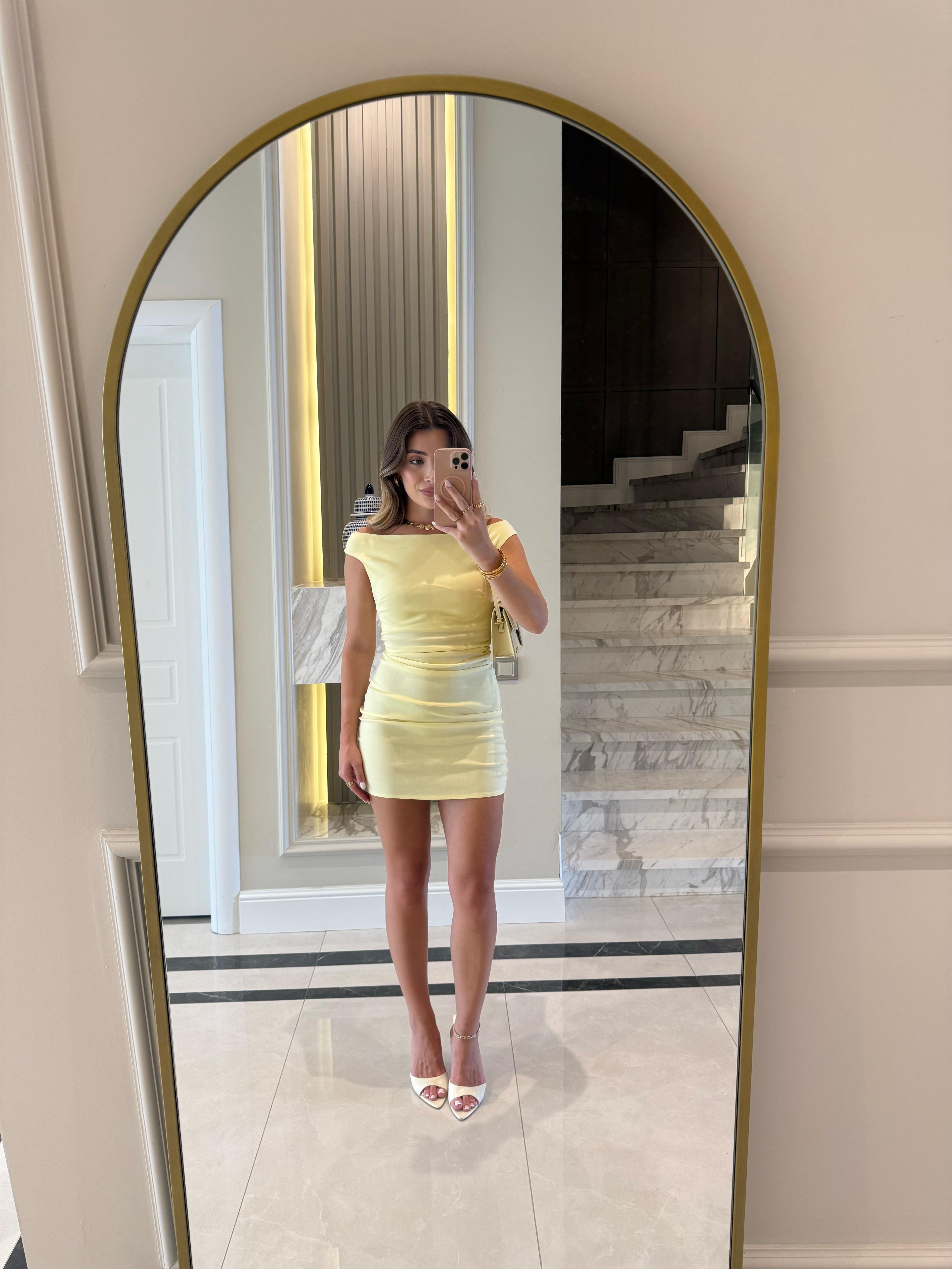 Açık Sarı Bardot Mini Elbise DLV-91462