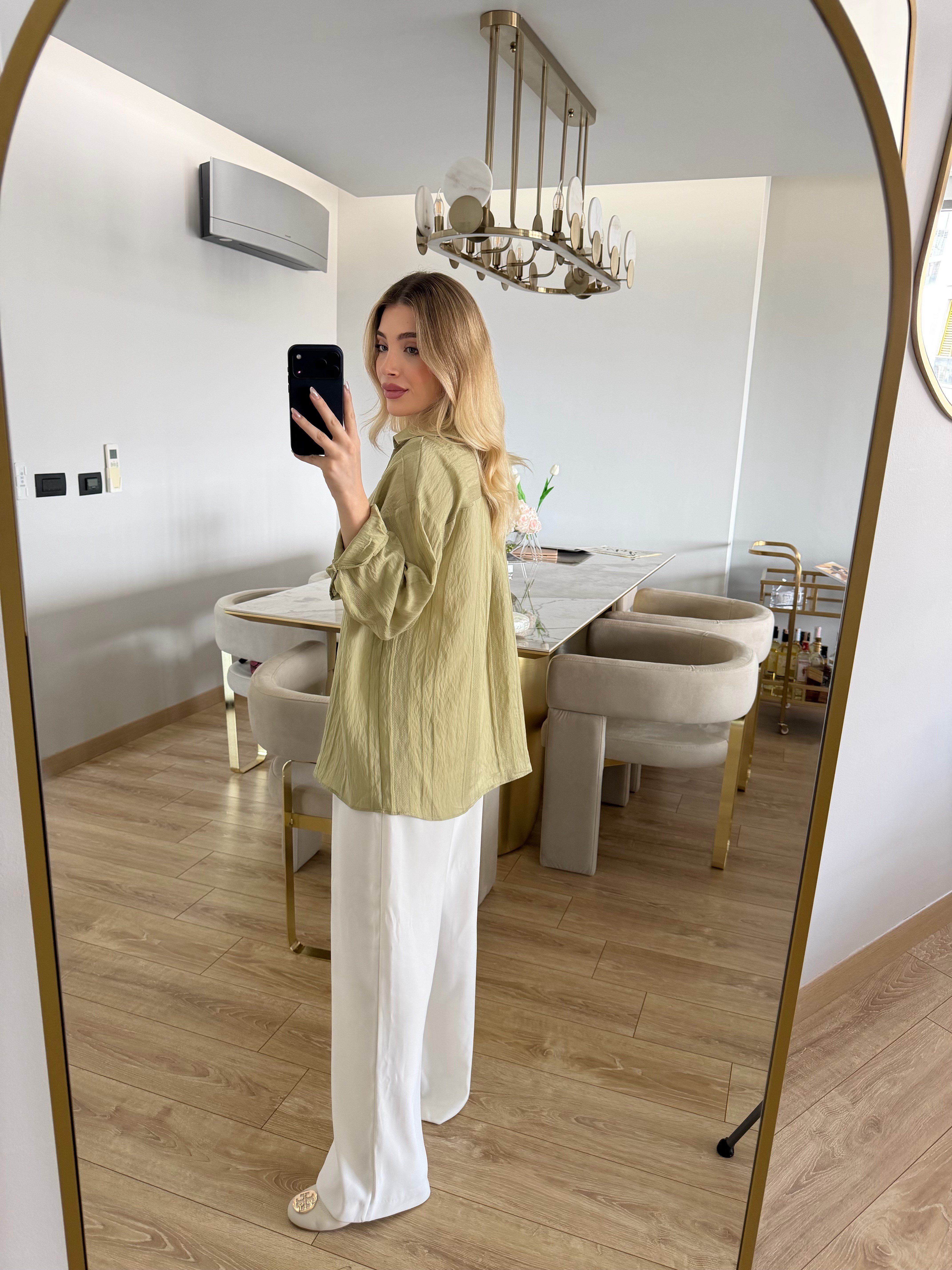 Adaçayı Yeşili Oversize Transparan Tensel Gömlek - 4914