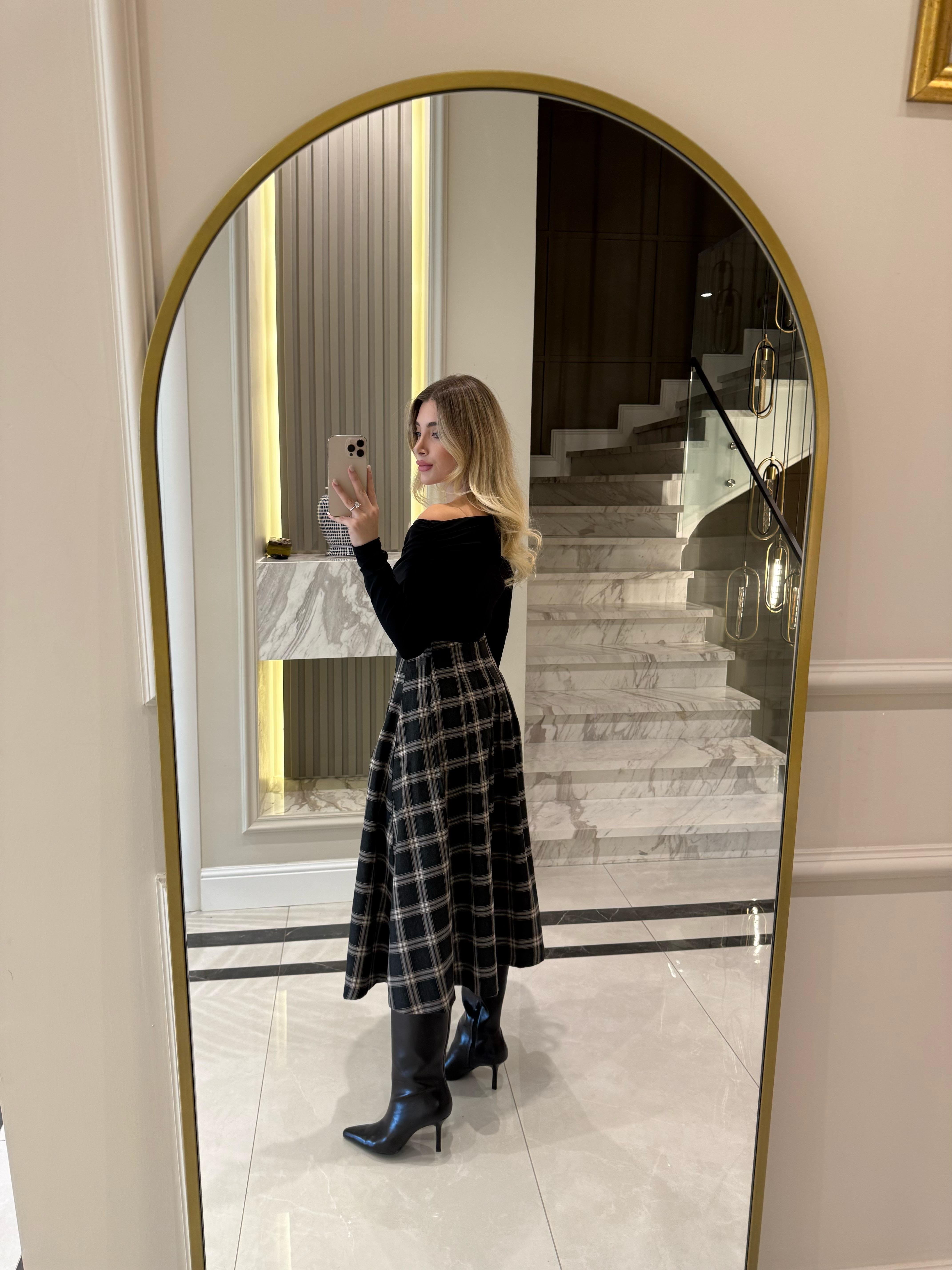 Antrasit Kemer Detaylı Ekose Desenli Etek