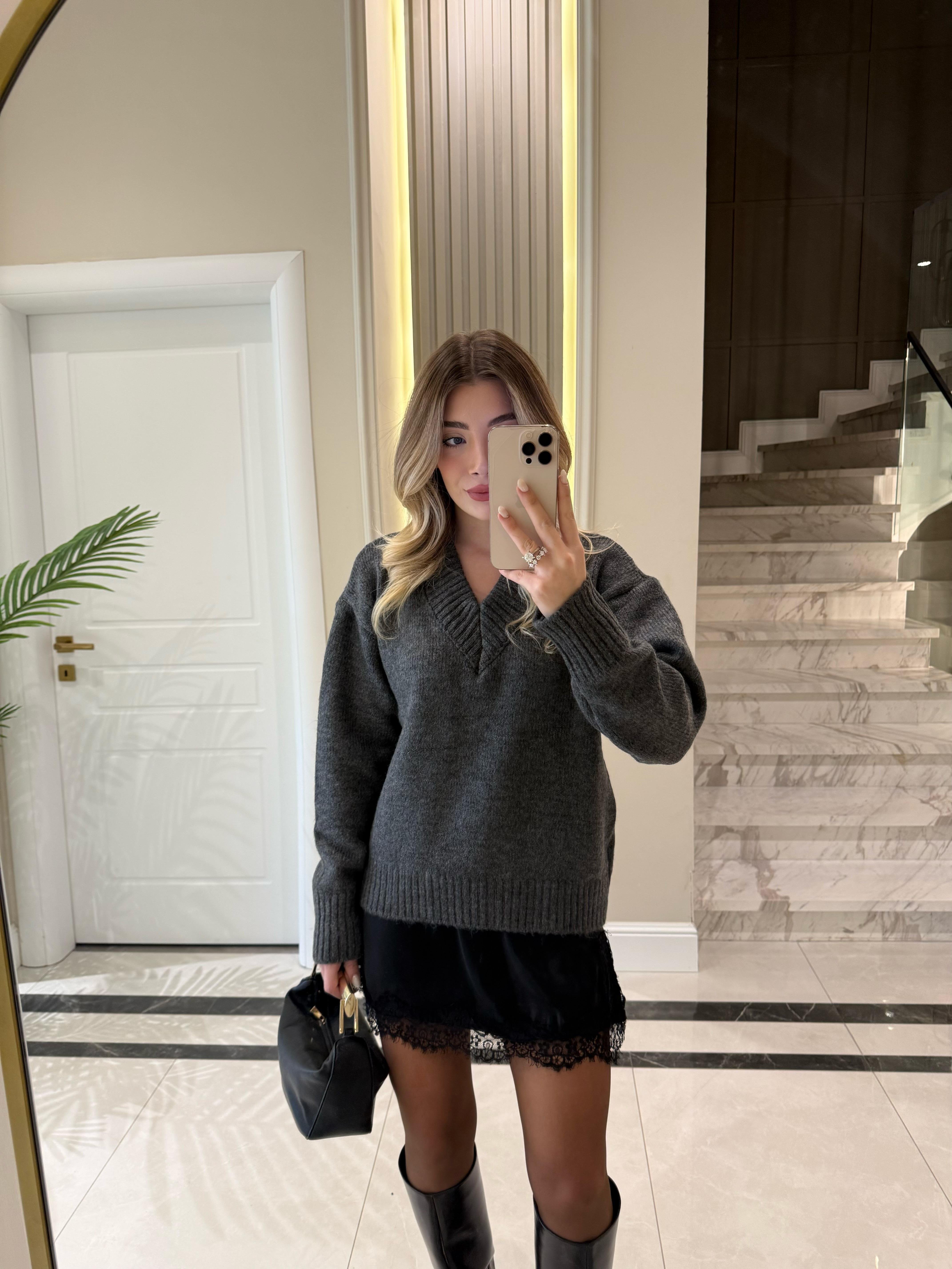 Antrasit Saten Detaylı Triko Kazak-4657