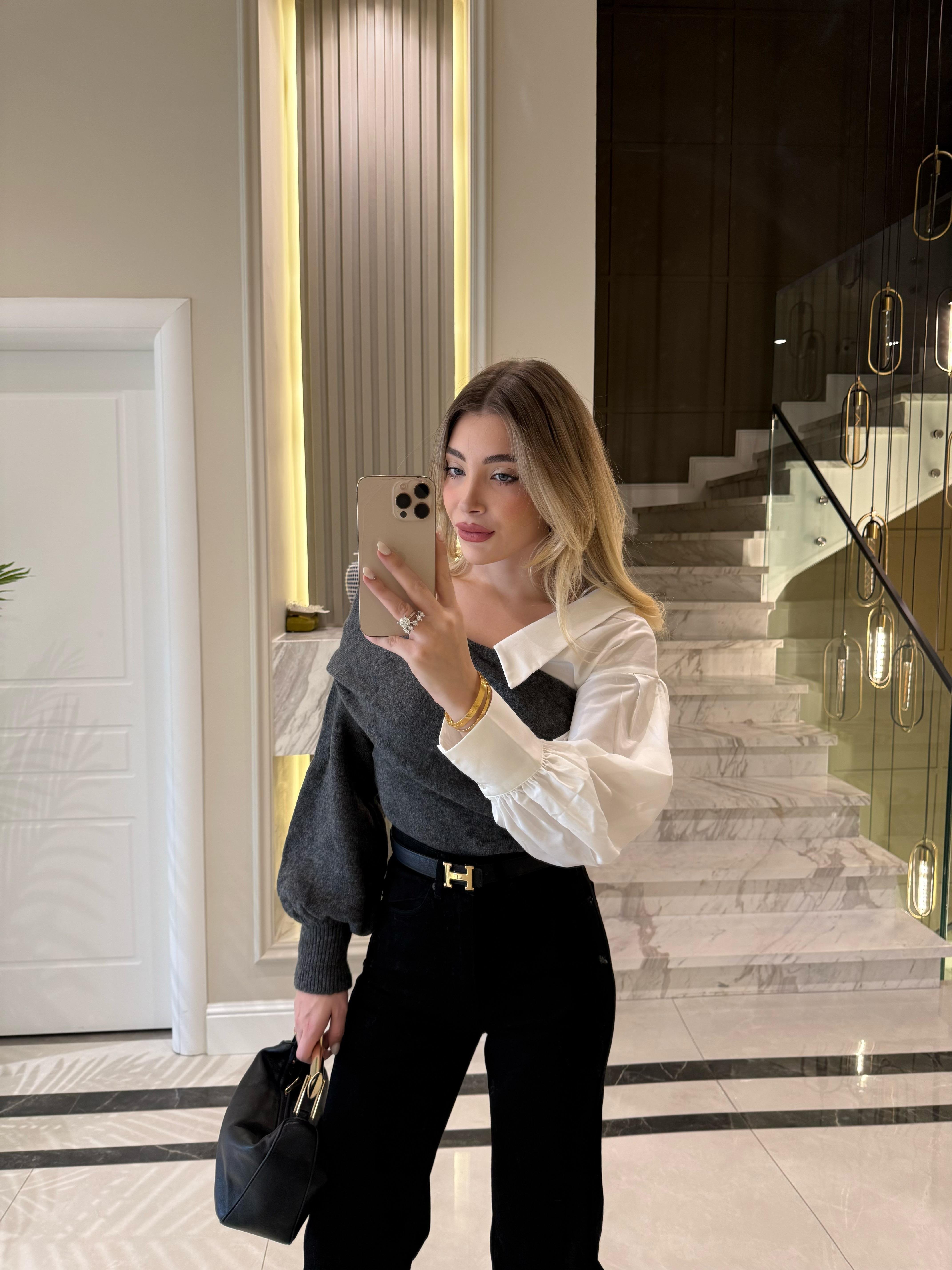 Antrasit Yaka Detaylı Triko Kazak-4256