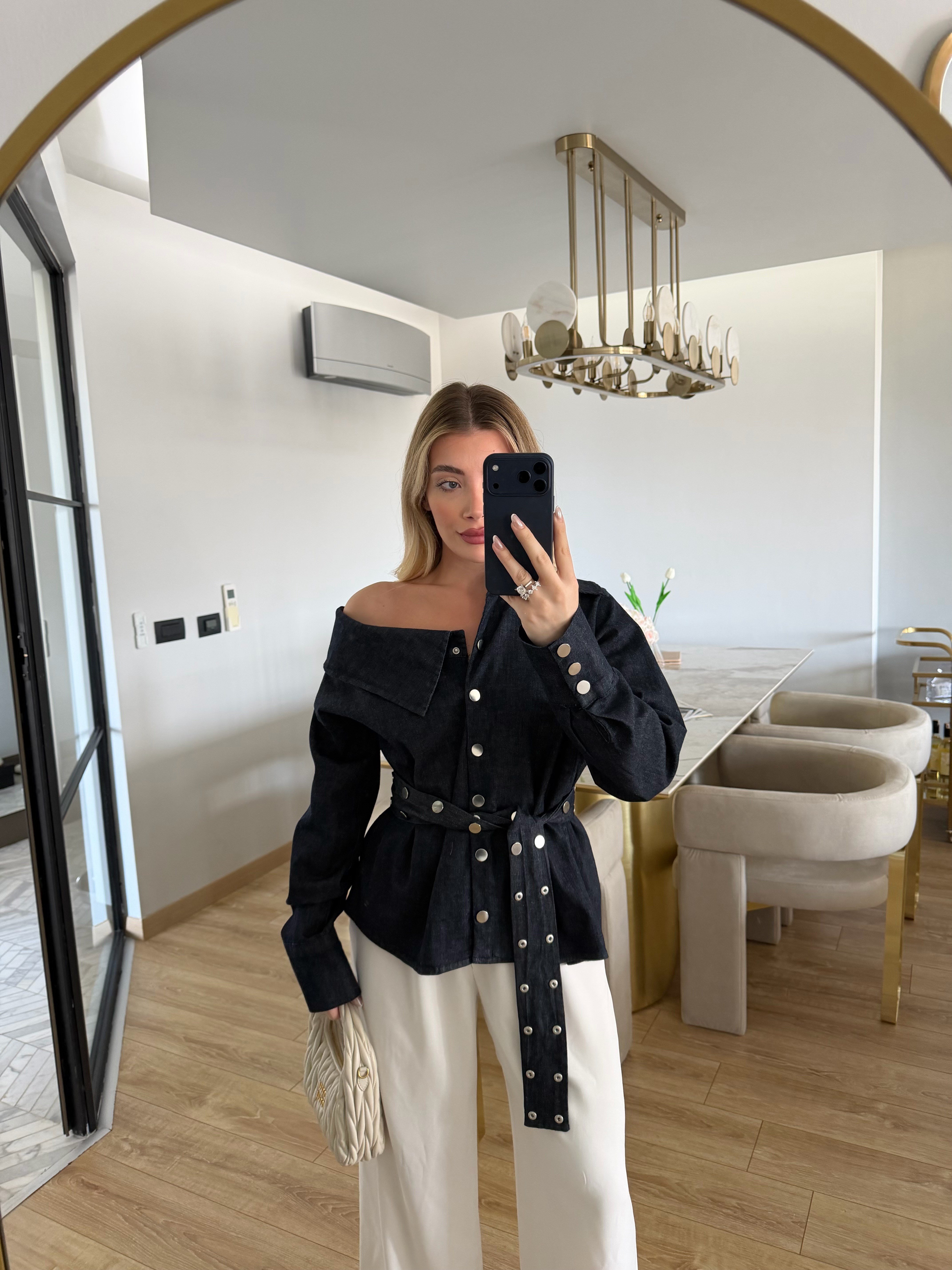 Asimetrik Yaka Denim Gömlek-3174