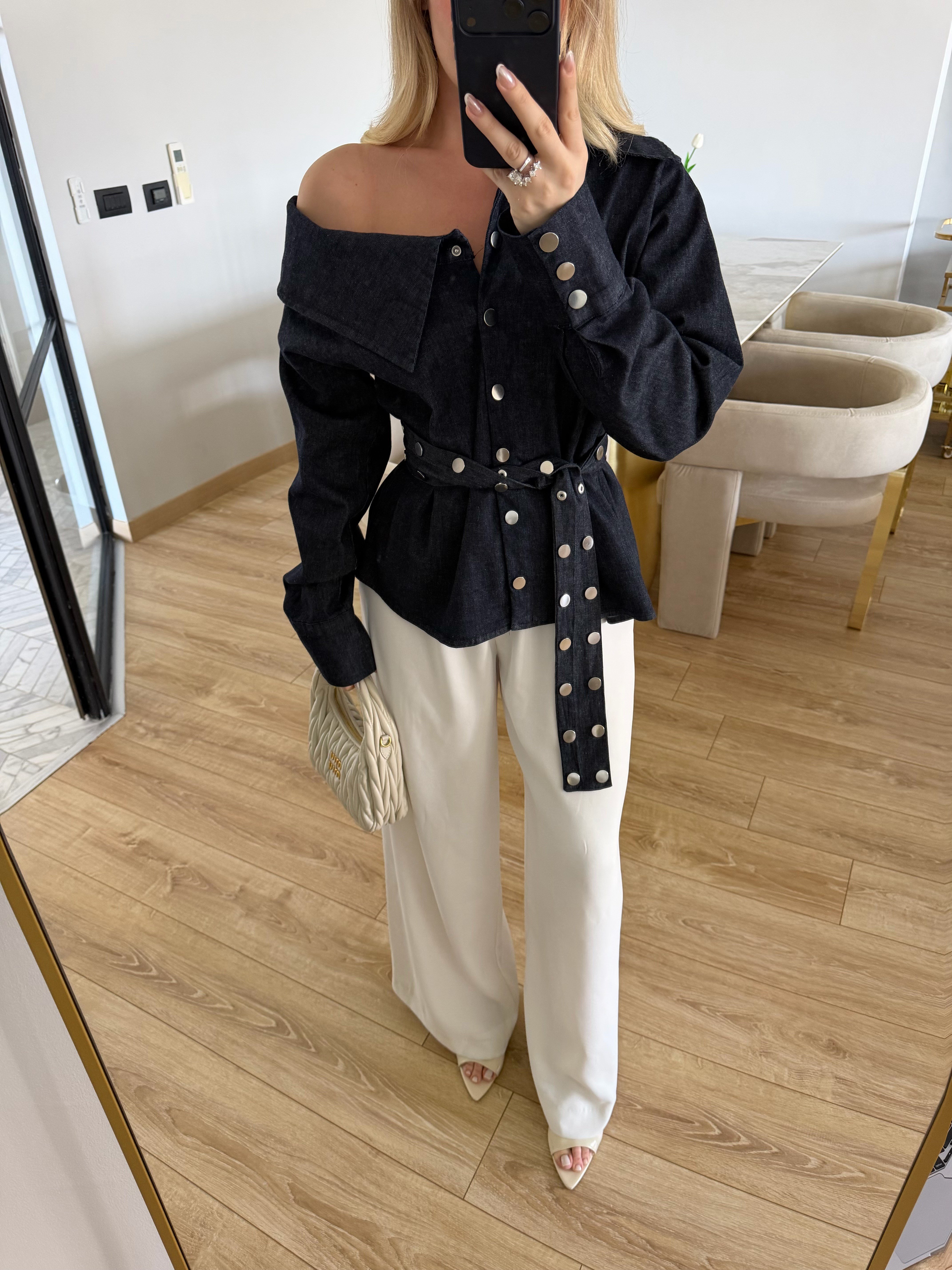 Asimetrik Yaka Denim Gömlek-3174