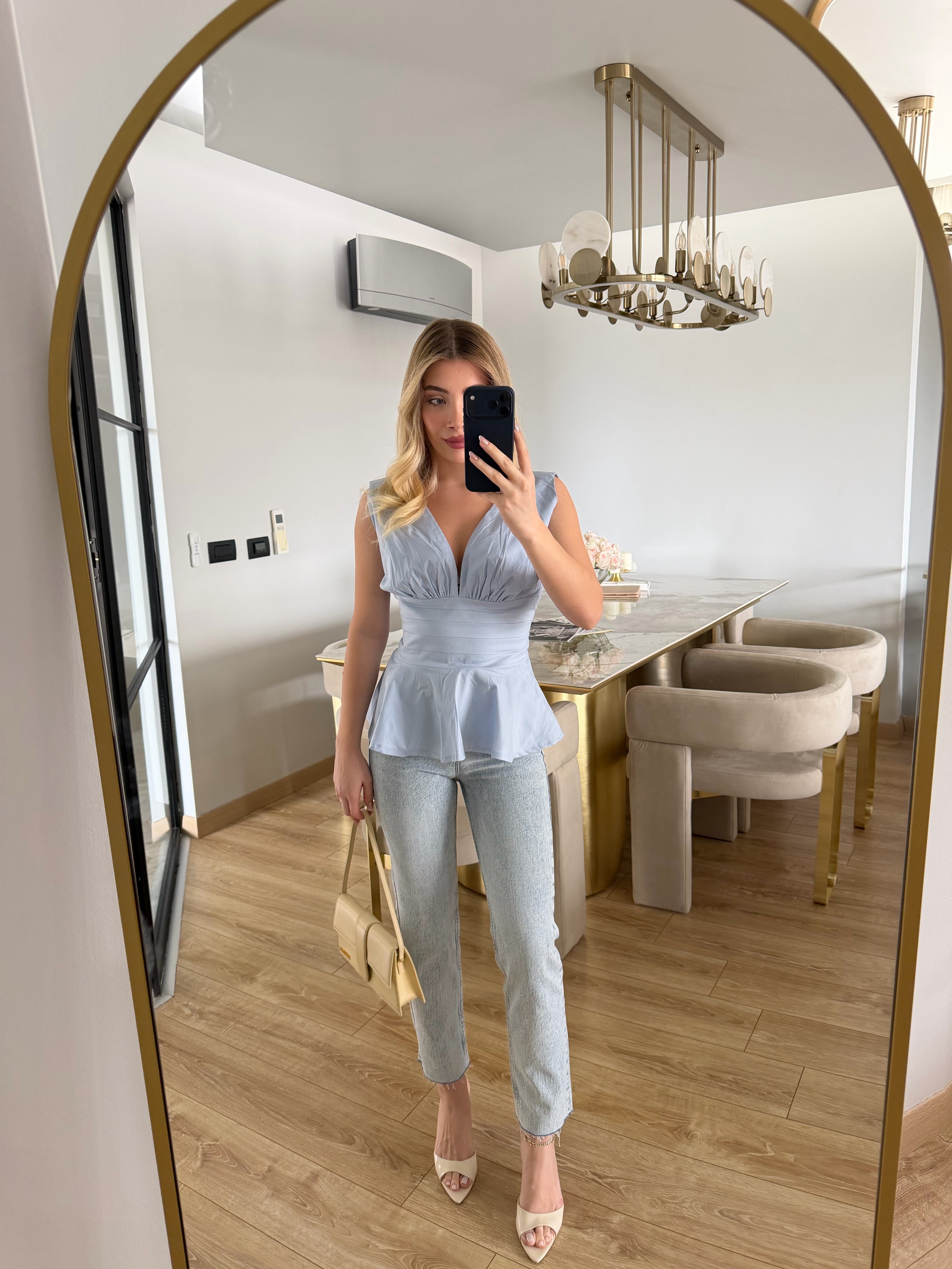 Bebe Mavi Likralı Poplin Bel Detaylı Volanlı Bluz 