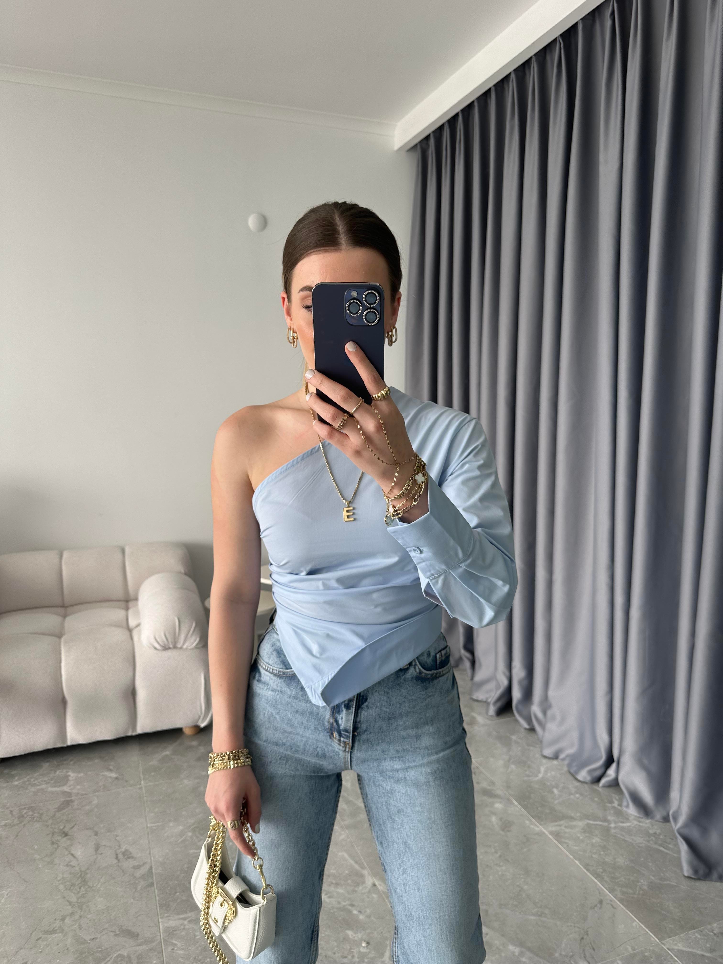 Bebe Mavi Tek Omuz Tasarım Poplin Bluz