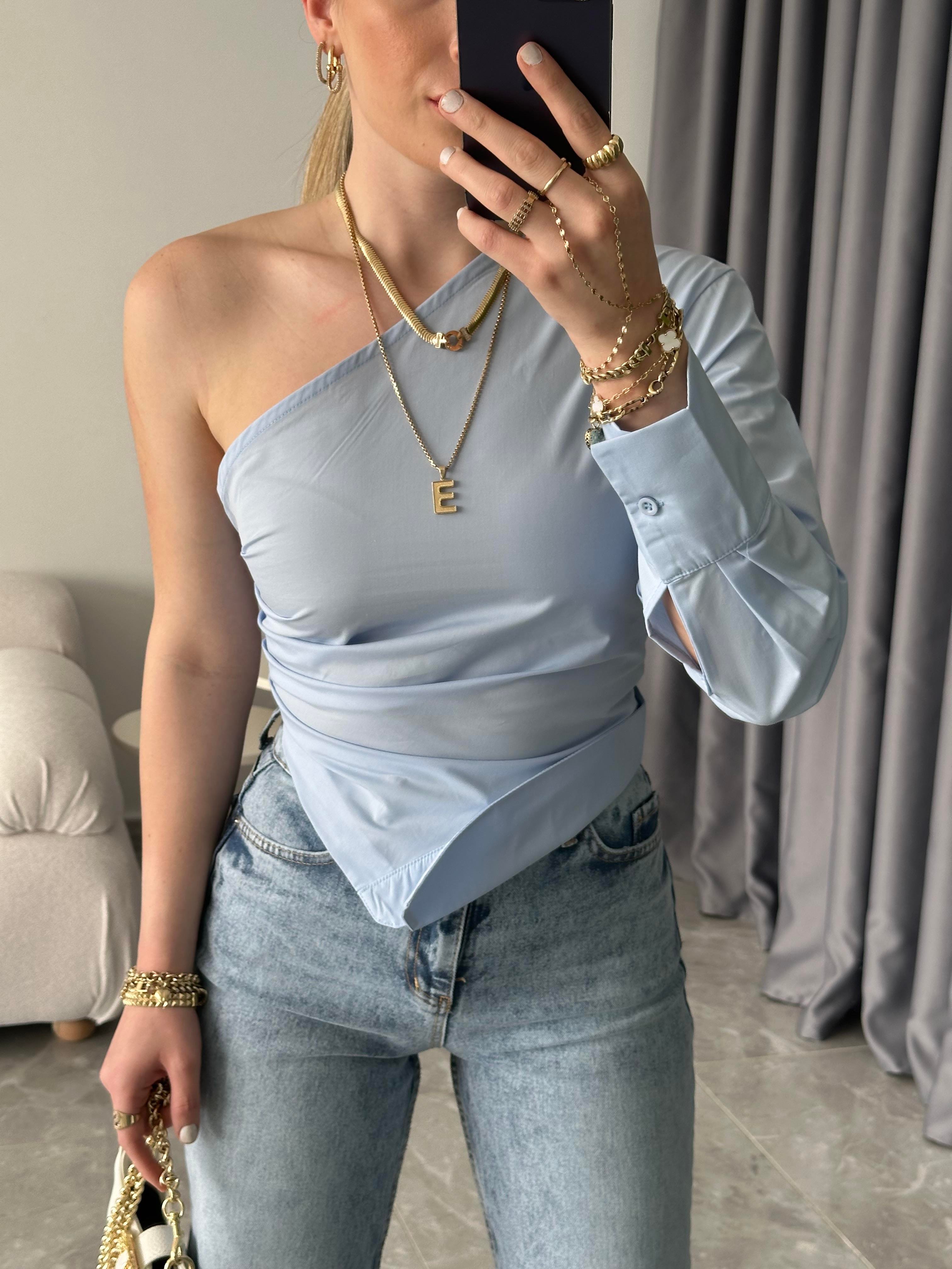 Bebe Mavi Tek Omuz Tasarım Poplin Bluz