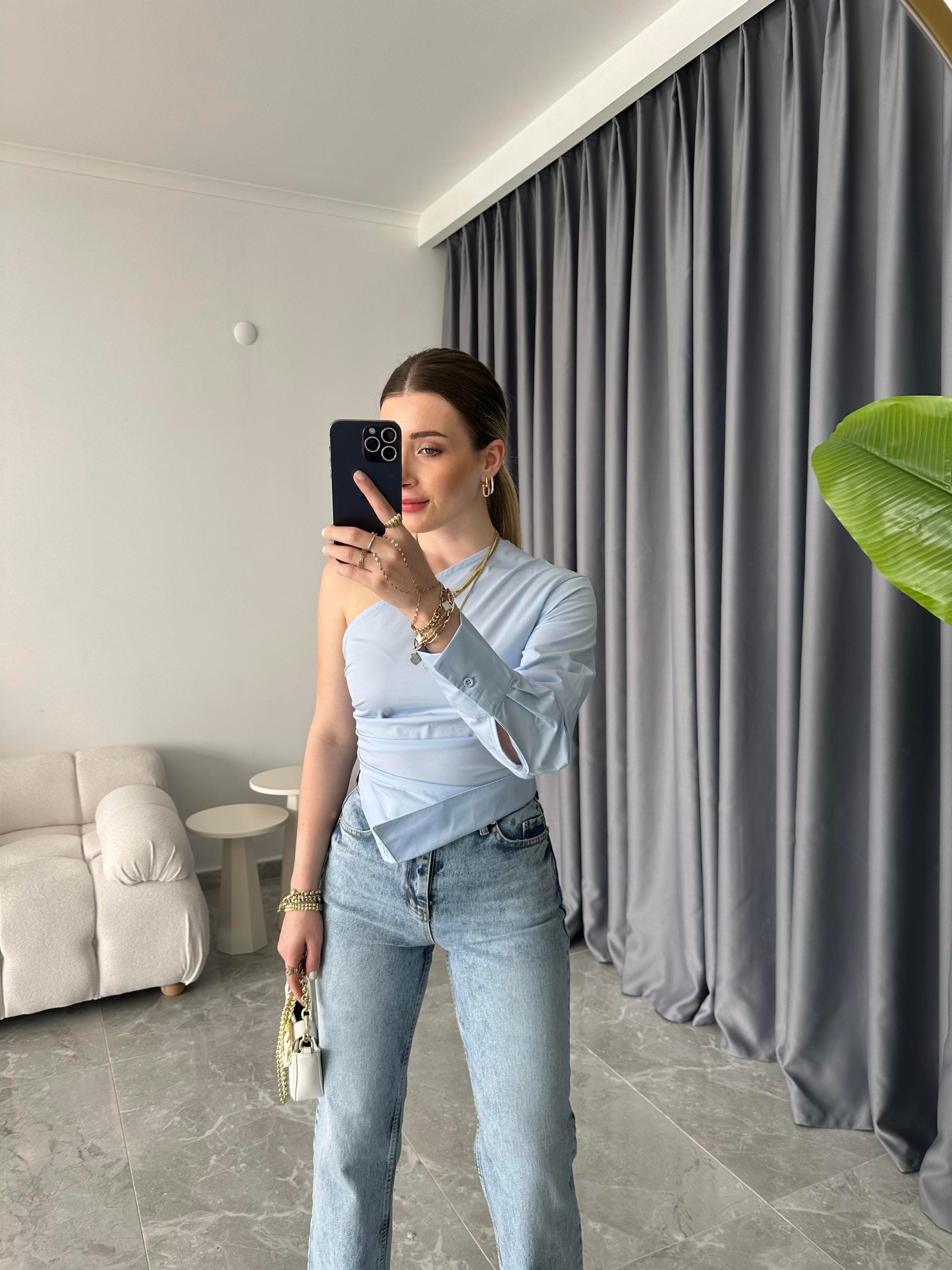 Bebe Mavi Tek Omuz Tasarım Poplin Bluz