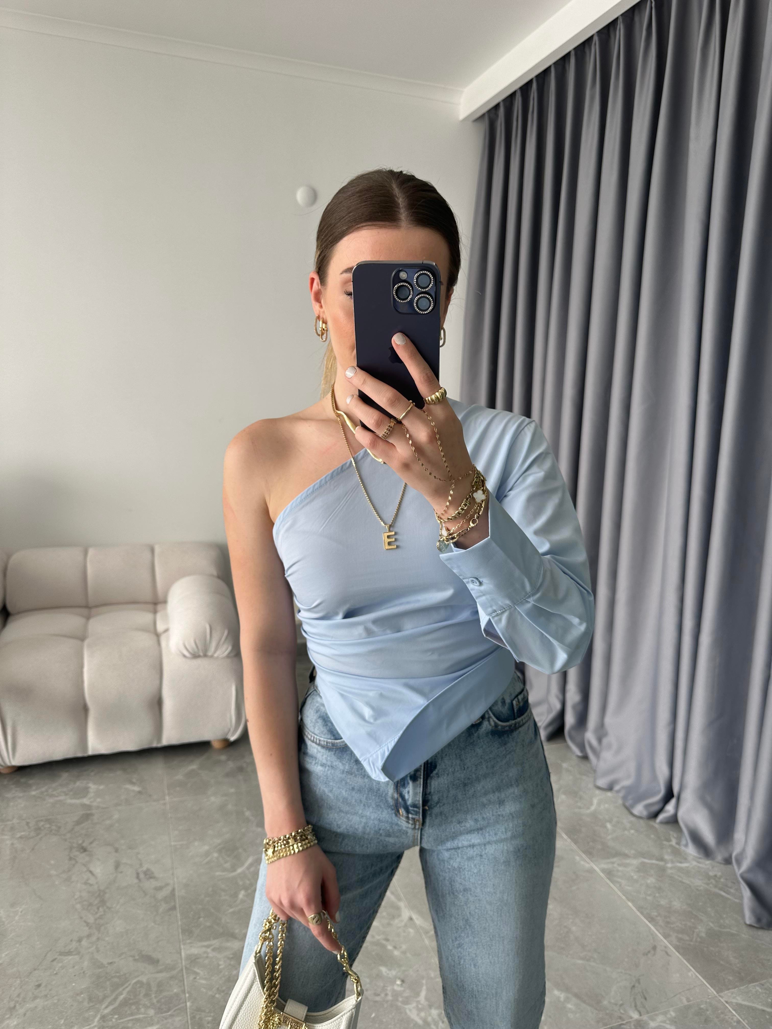 Bebe Mavi Tek Omuz Tasarım Poplin Bluz