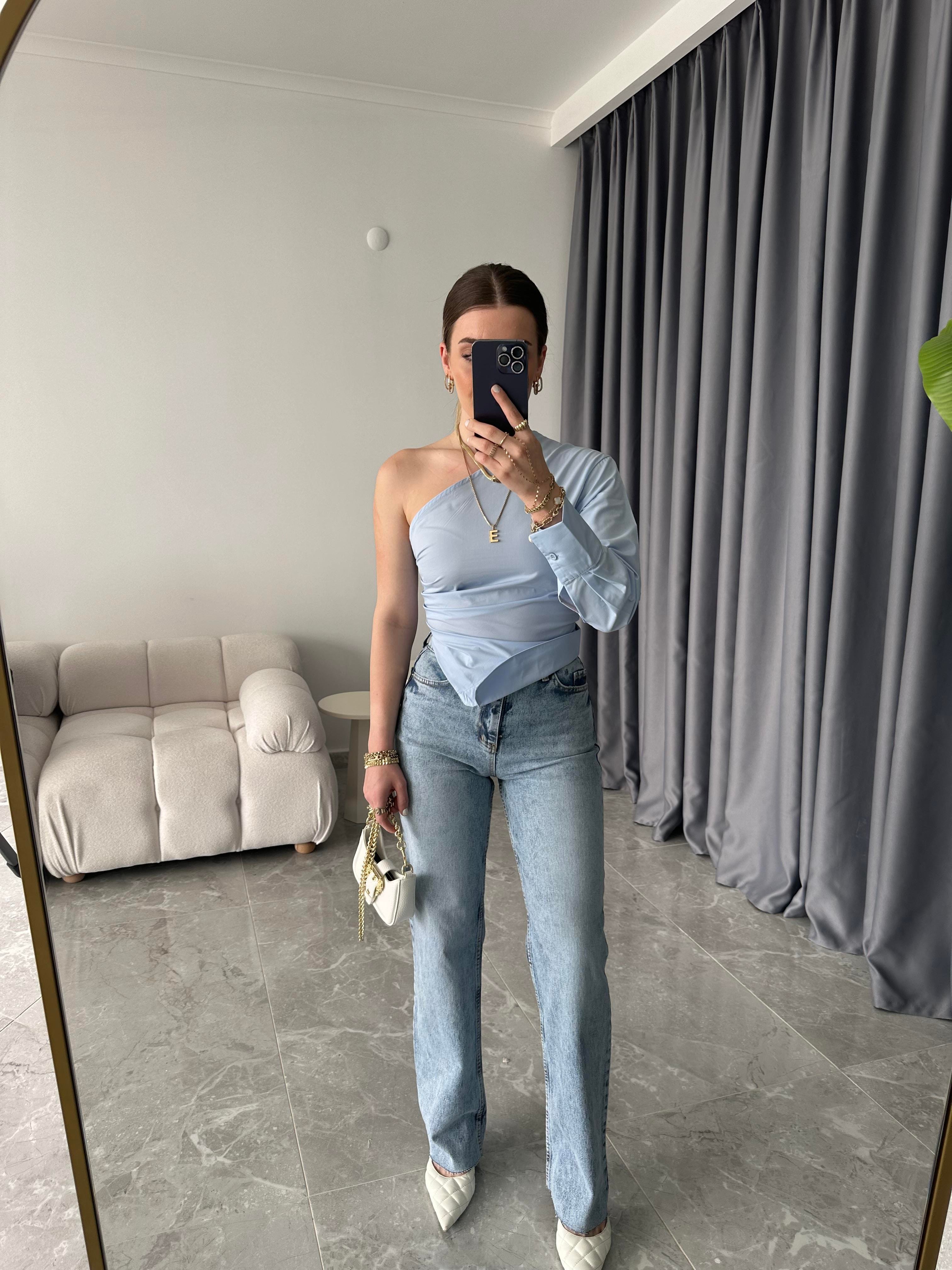 Bebe Mavi Tek Omuz Tasarım Poplin Bluz