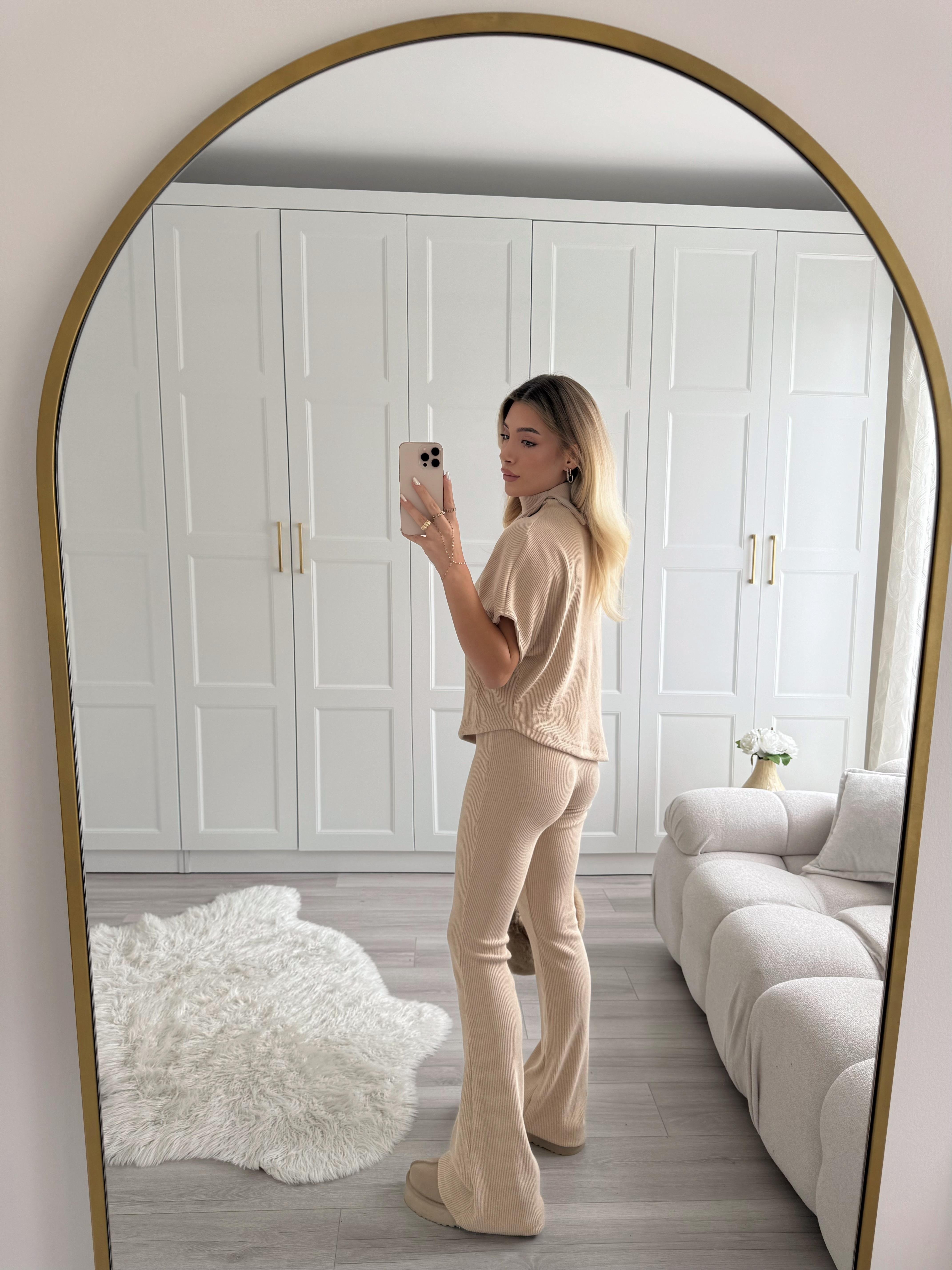 Bej Asimetrik Top- Örme Pantolon Takım 32239