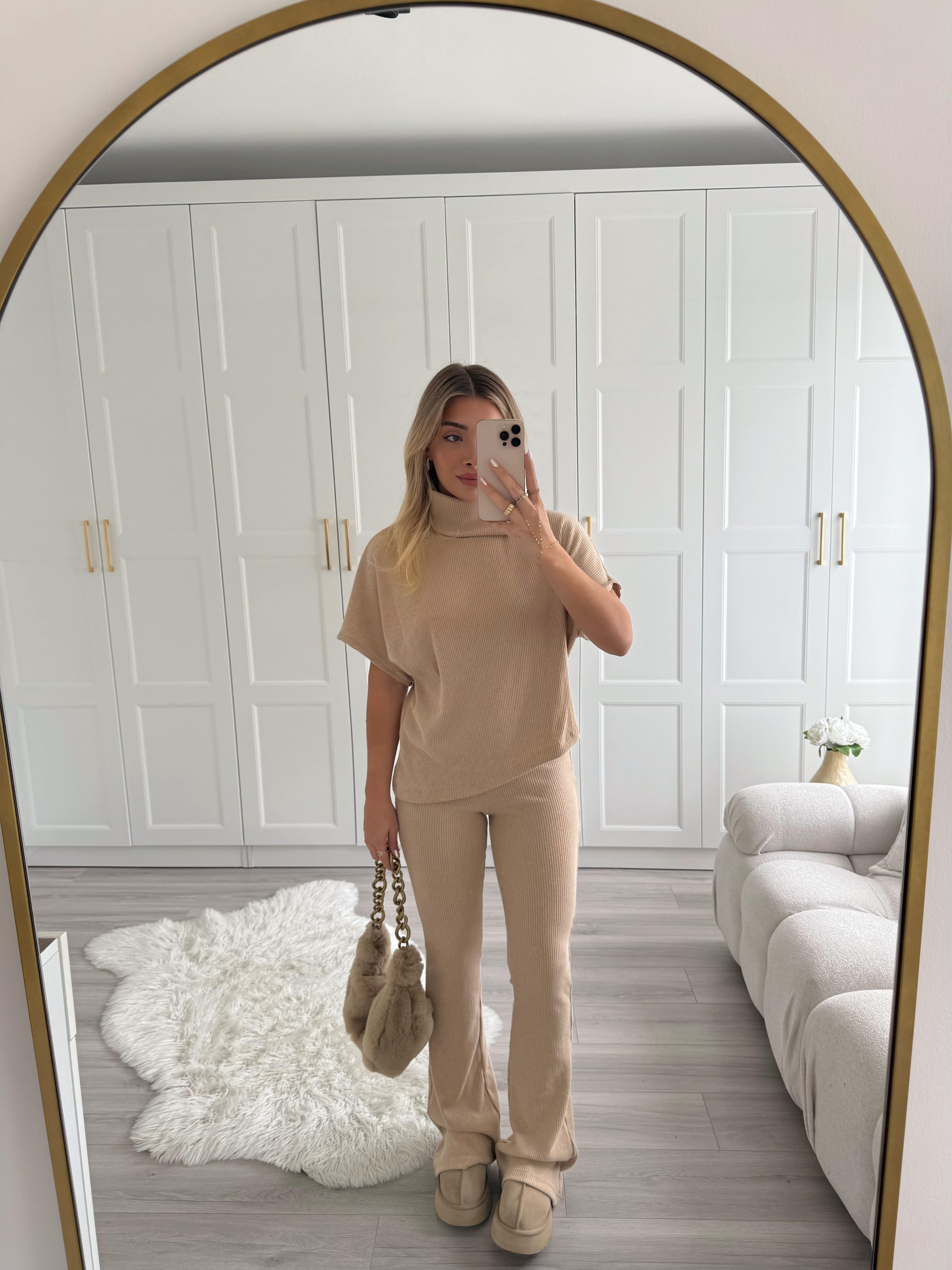 Bej Asimetrik Top- Örme Pantolon Takım 32239