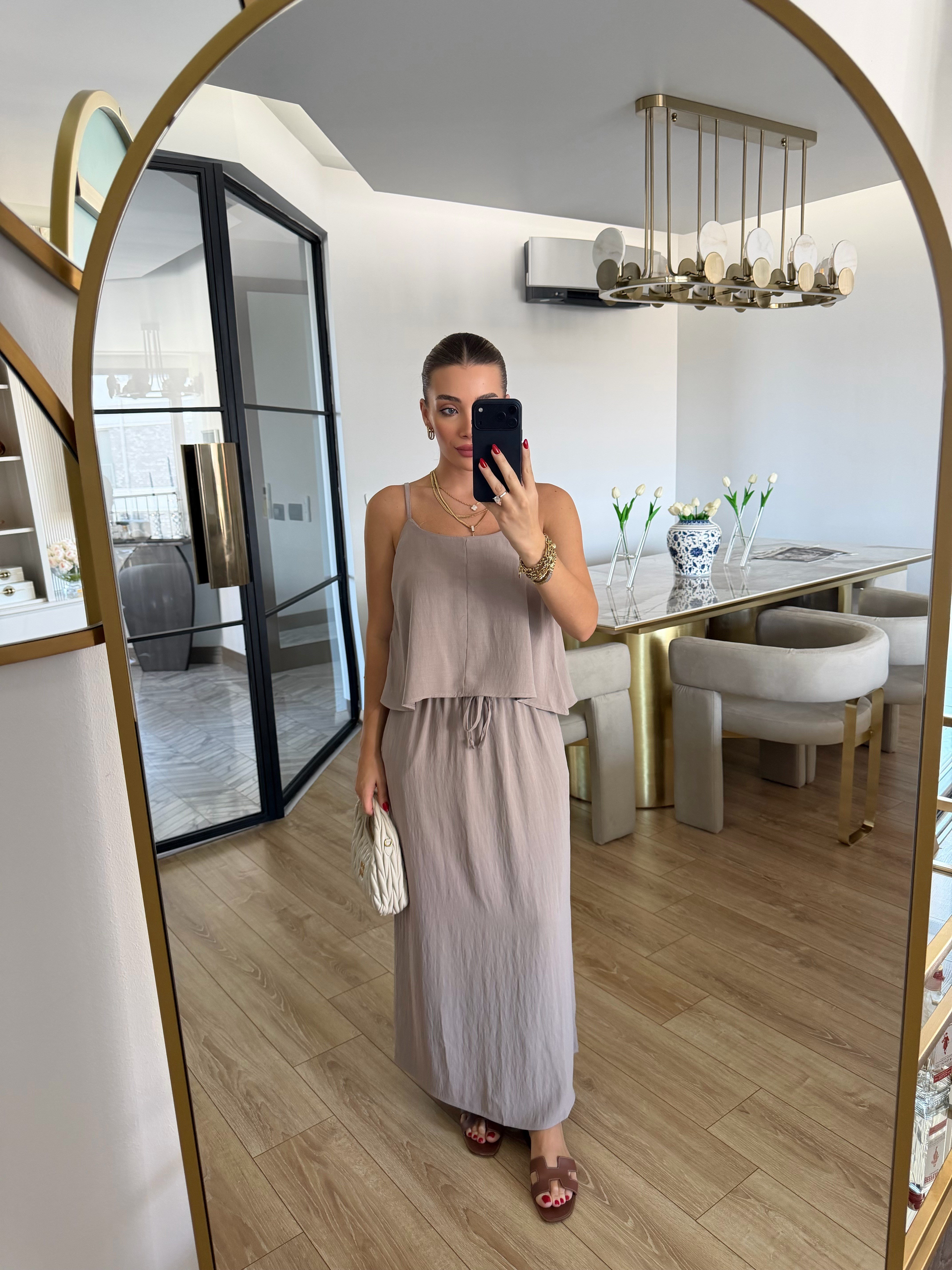 Bej Askılı Bluz Etek Takım-51165