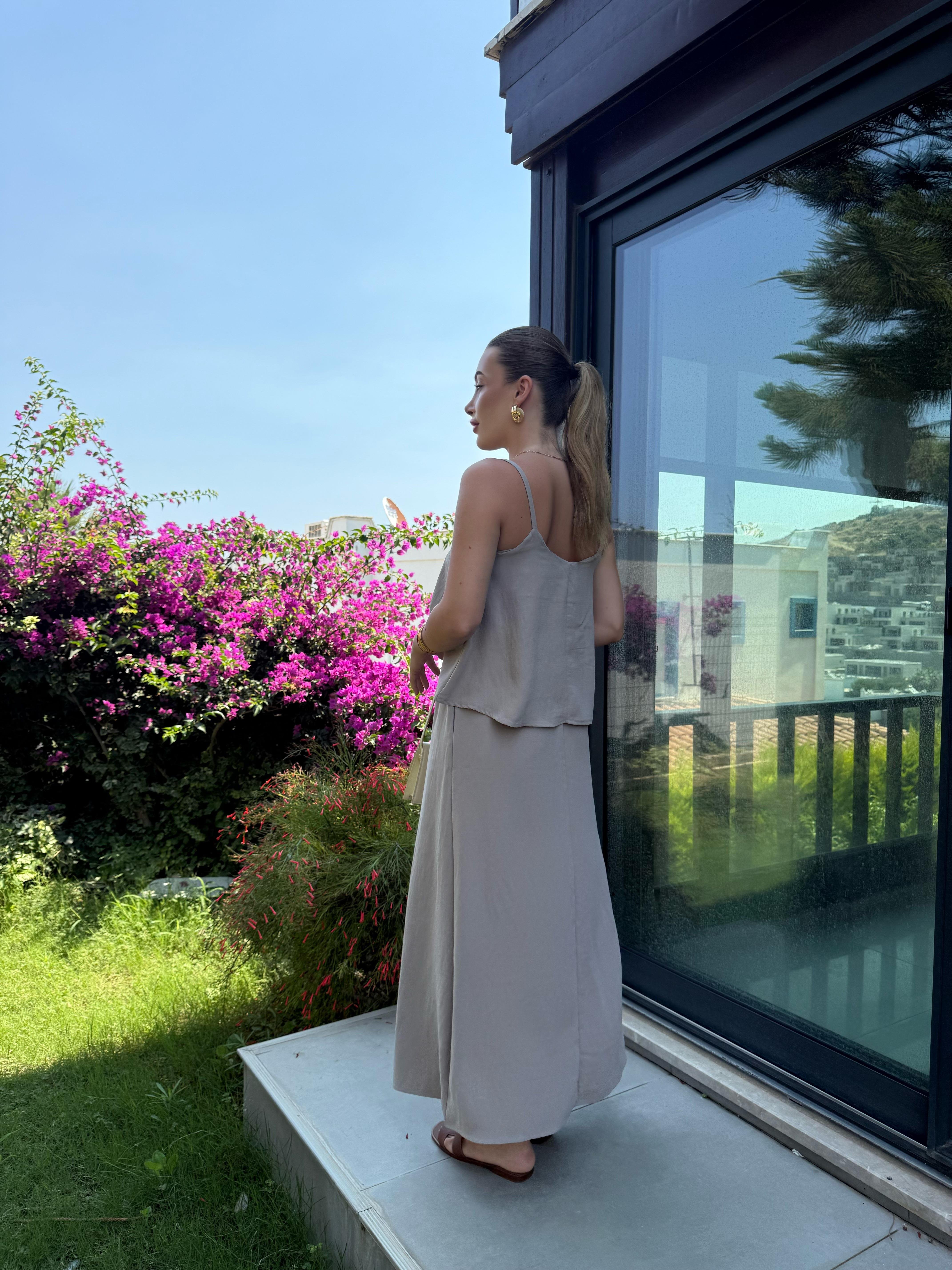 Bej Askılı Bluz Etek Takım-51165