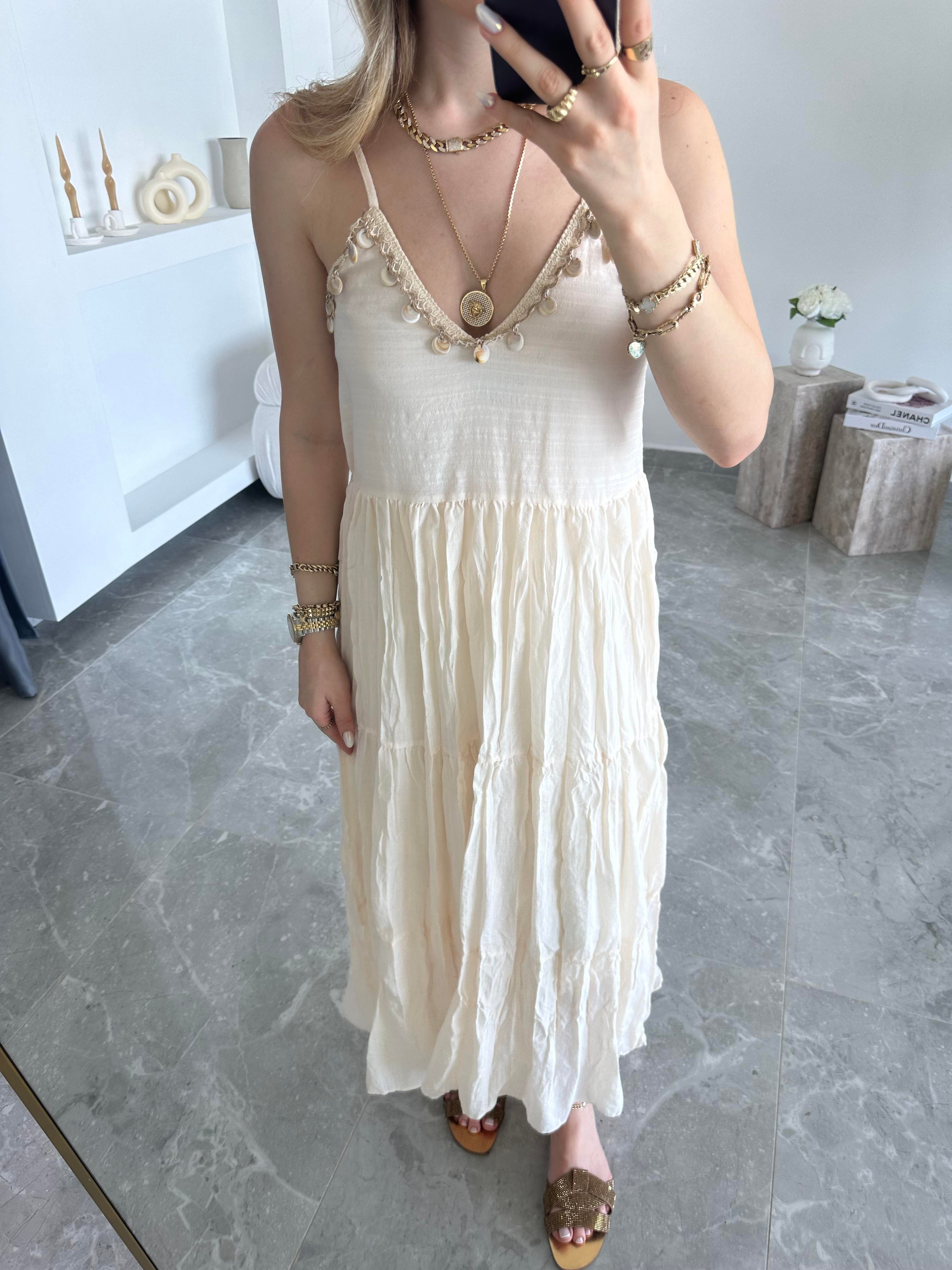 Bej Deniz Kabuğu İşlemeli Rustik Elbise