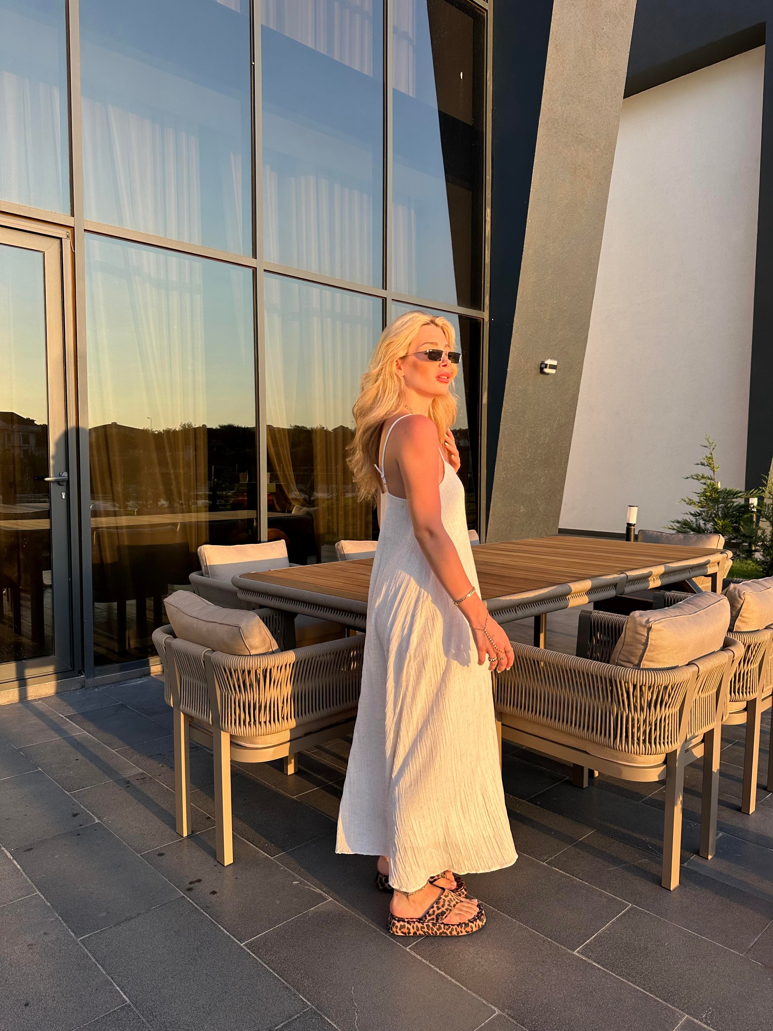 Bej Natural Rustik Askılı Midi Elbise