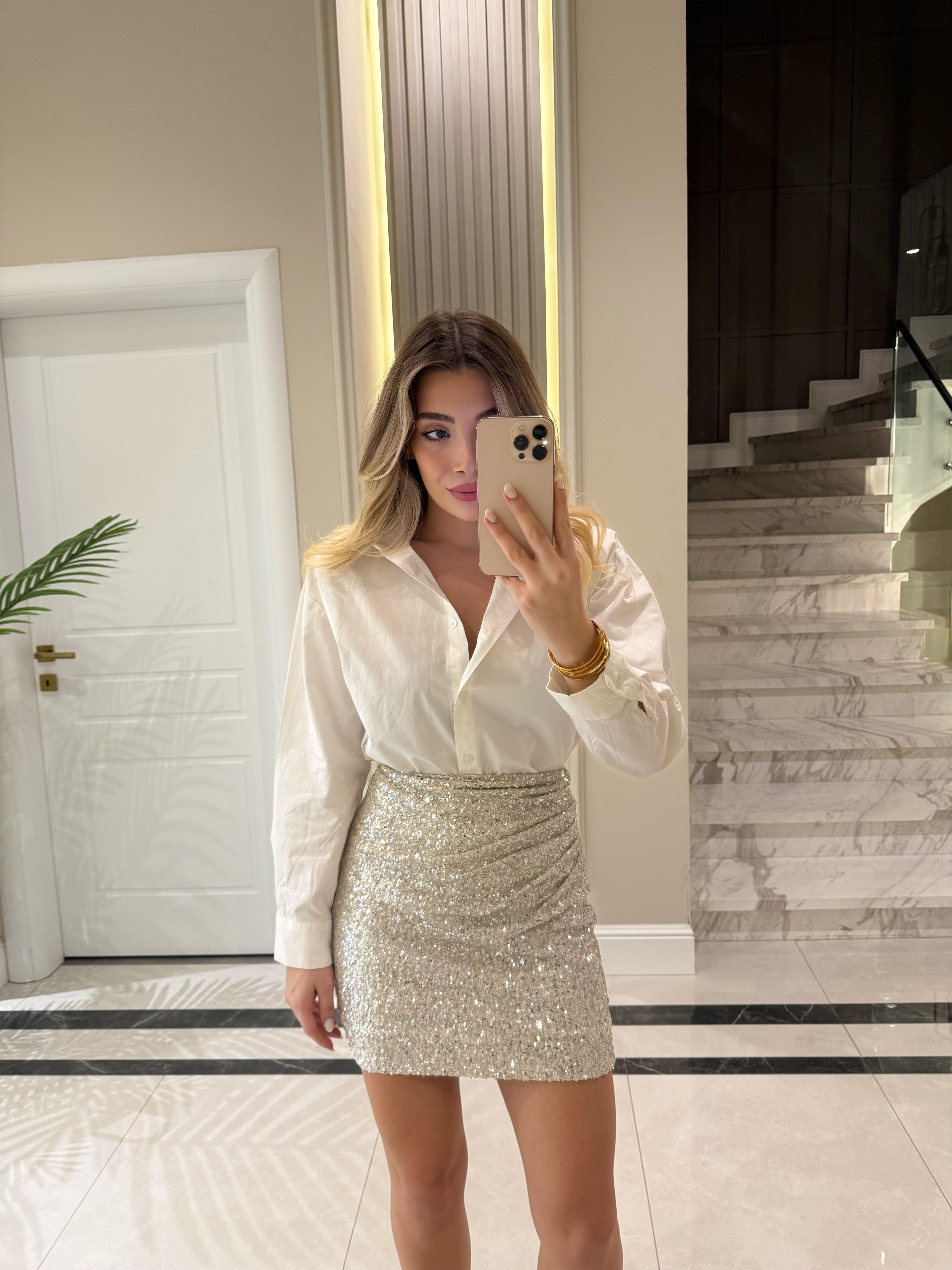 Bej Payetli Drapeli Etek