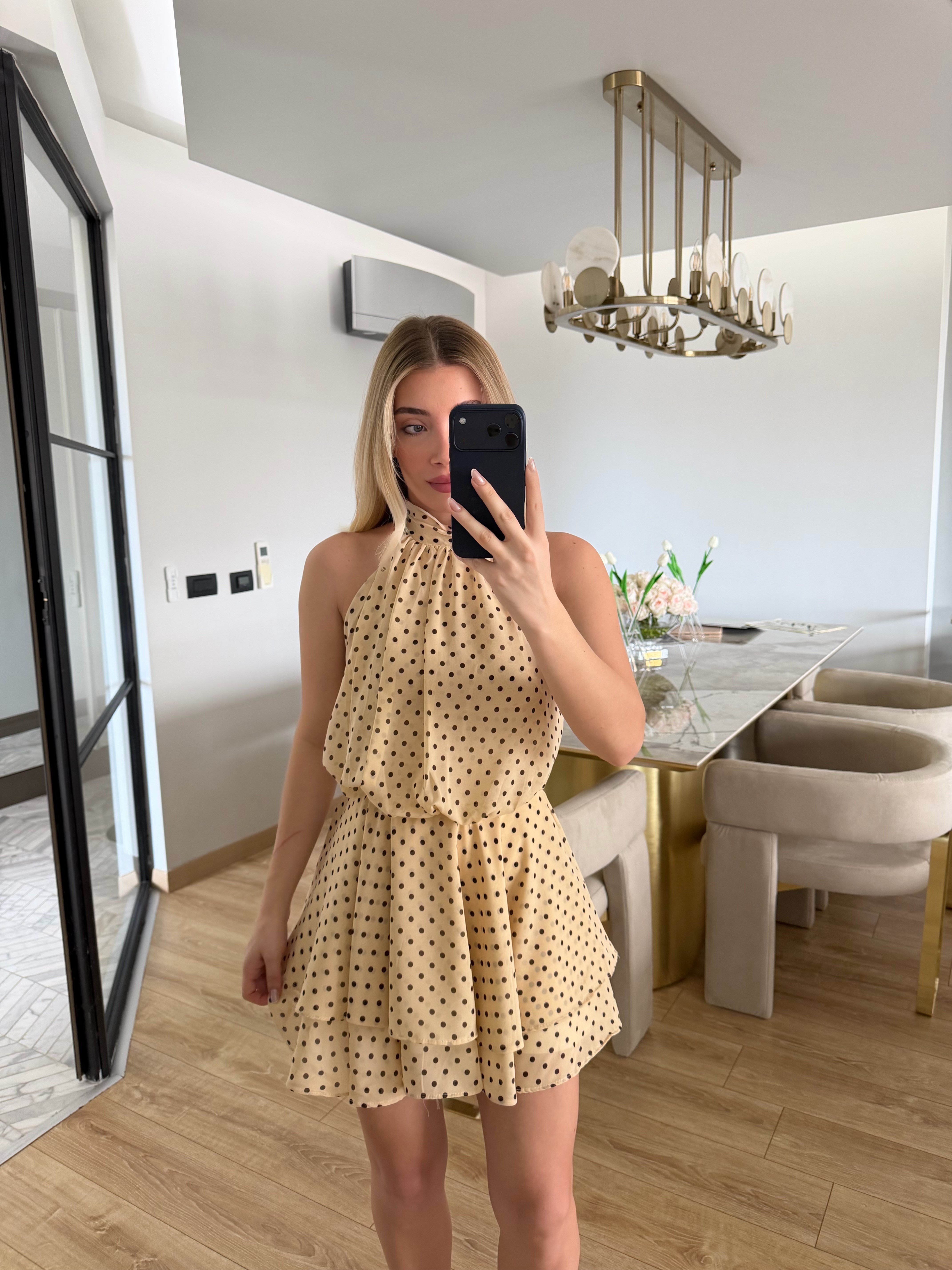 Bej Puantiyeli Halter Yakalı Şifon Elbise- 4344
