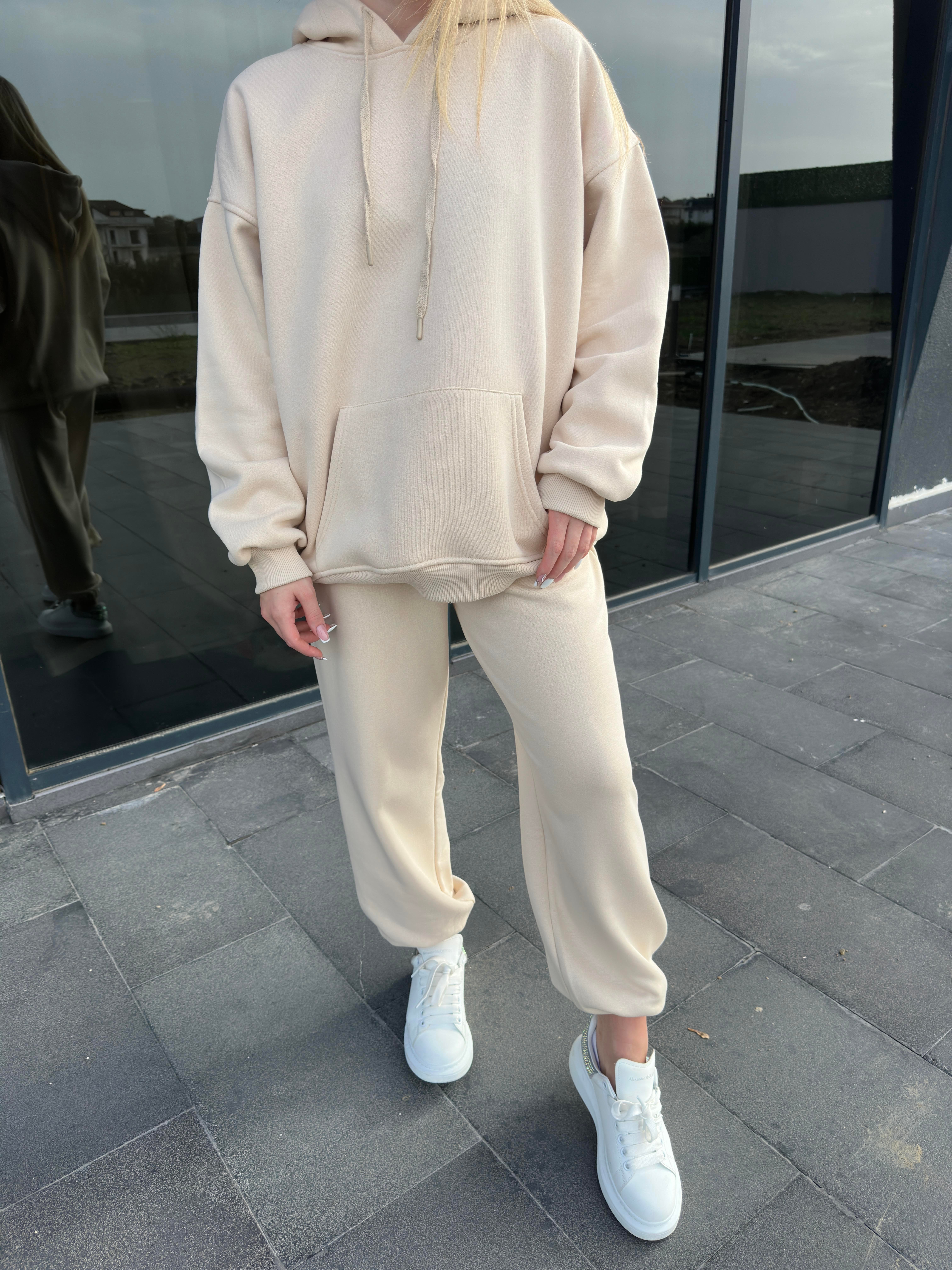 Bej Şardonlu Oversize Sweatshirt Takım