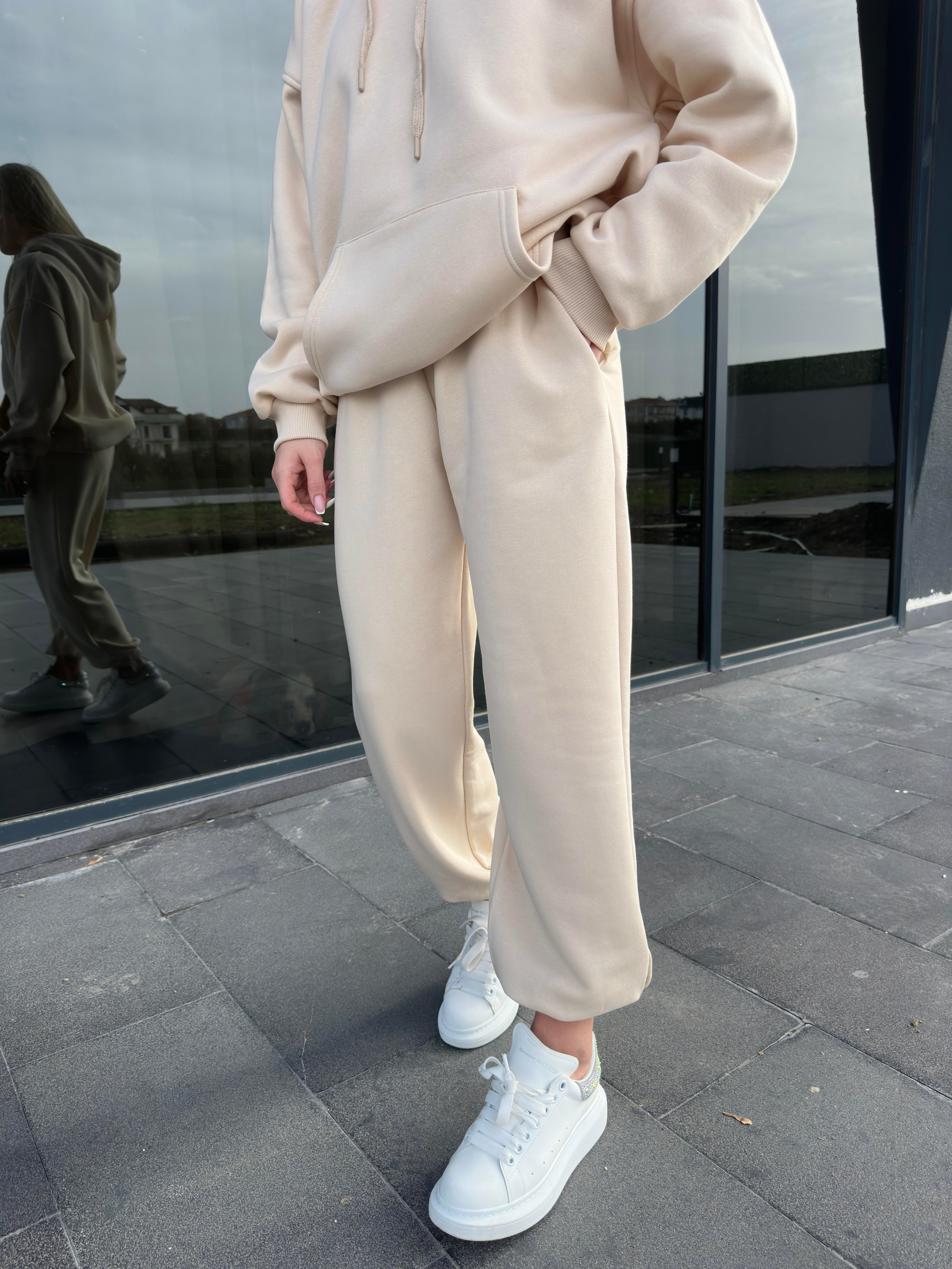 Bej Şardonlu Oversize Sweatshirt Takım