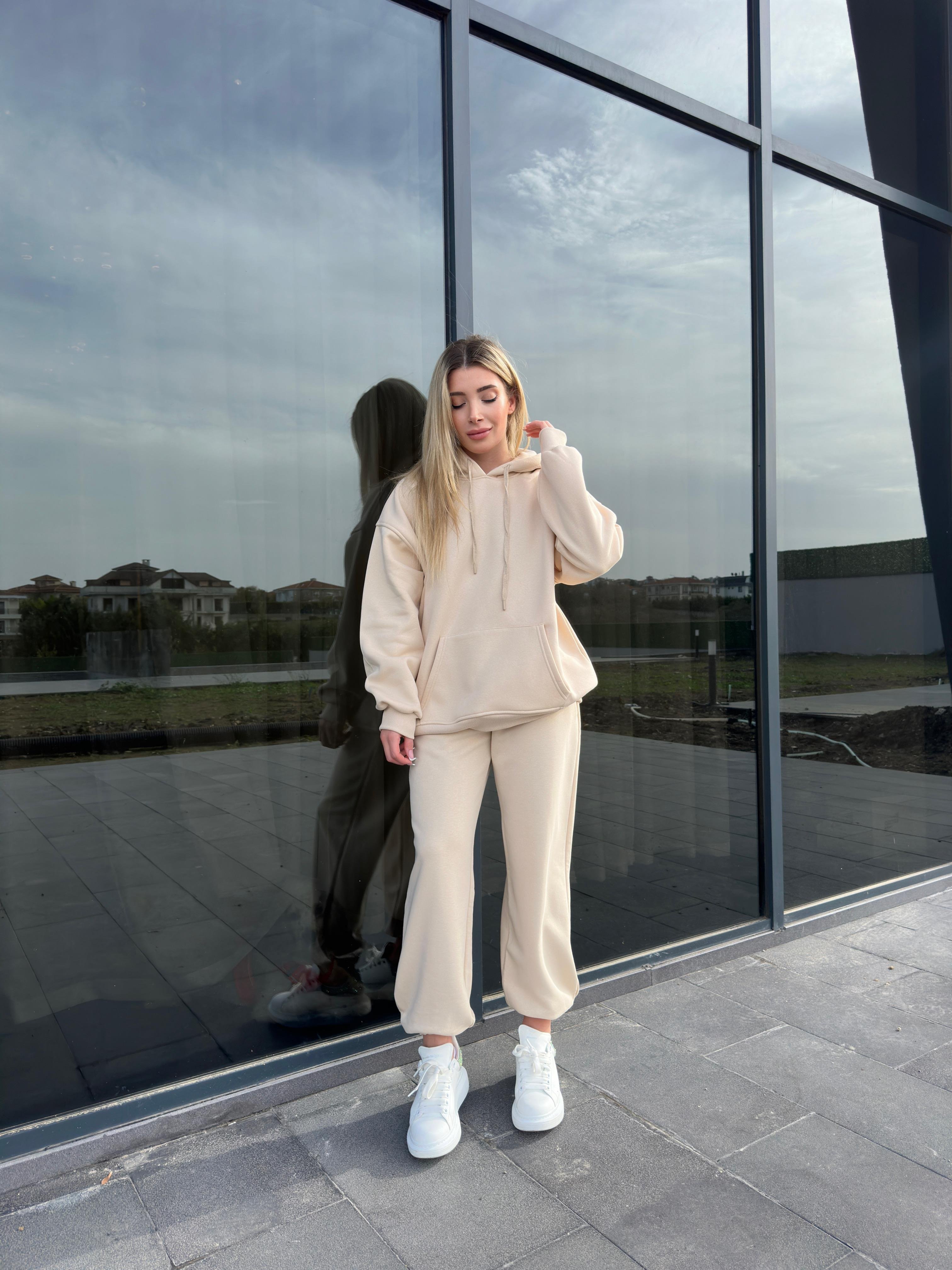 Bej Şardonlu Oversize Sweatshirt Takım