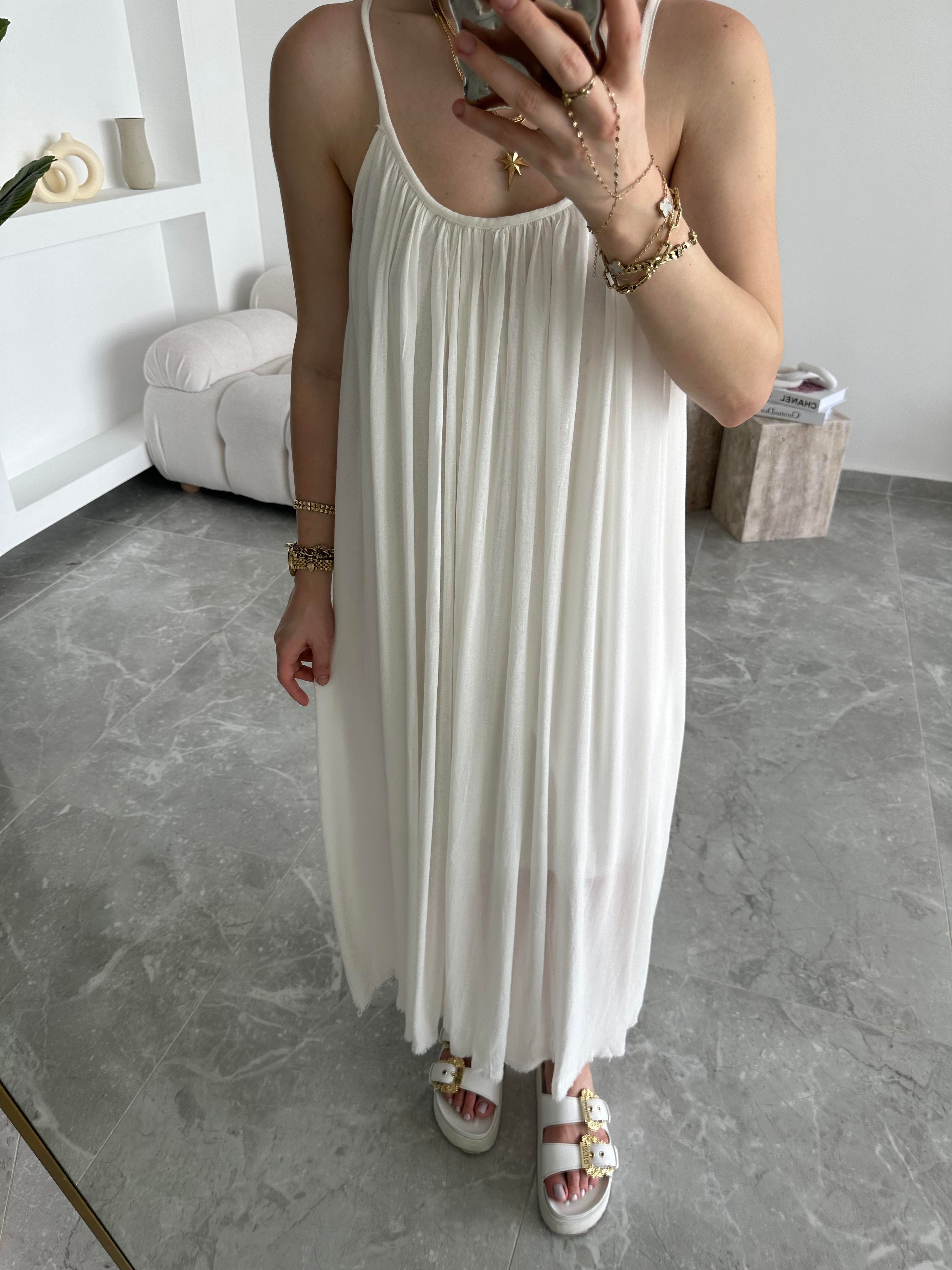 Beyaz Askılı Büzgülü Natural Elbise