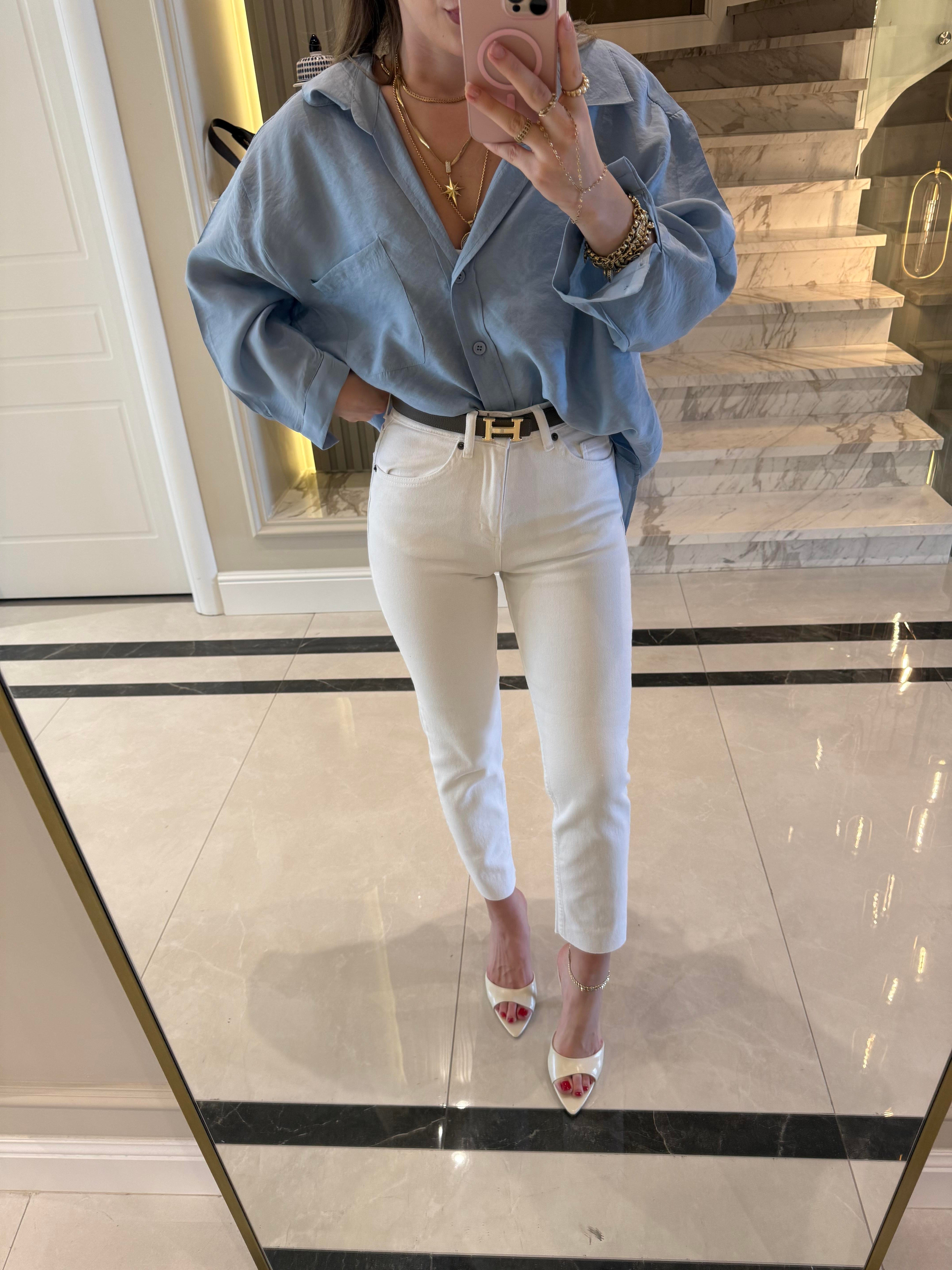 Beyaz Boyfit ZR Yüksekbel Jean