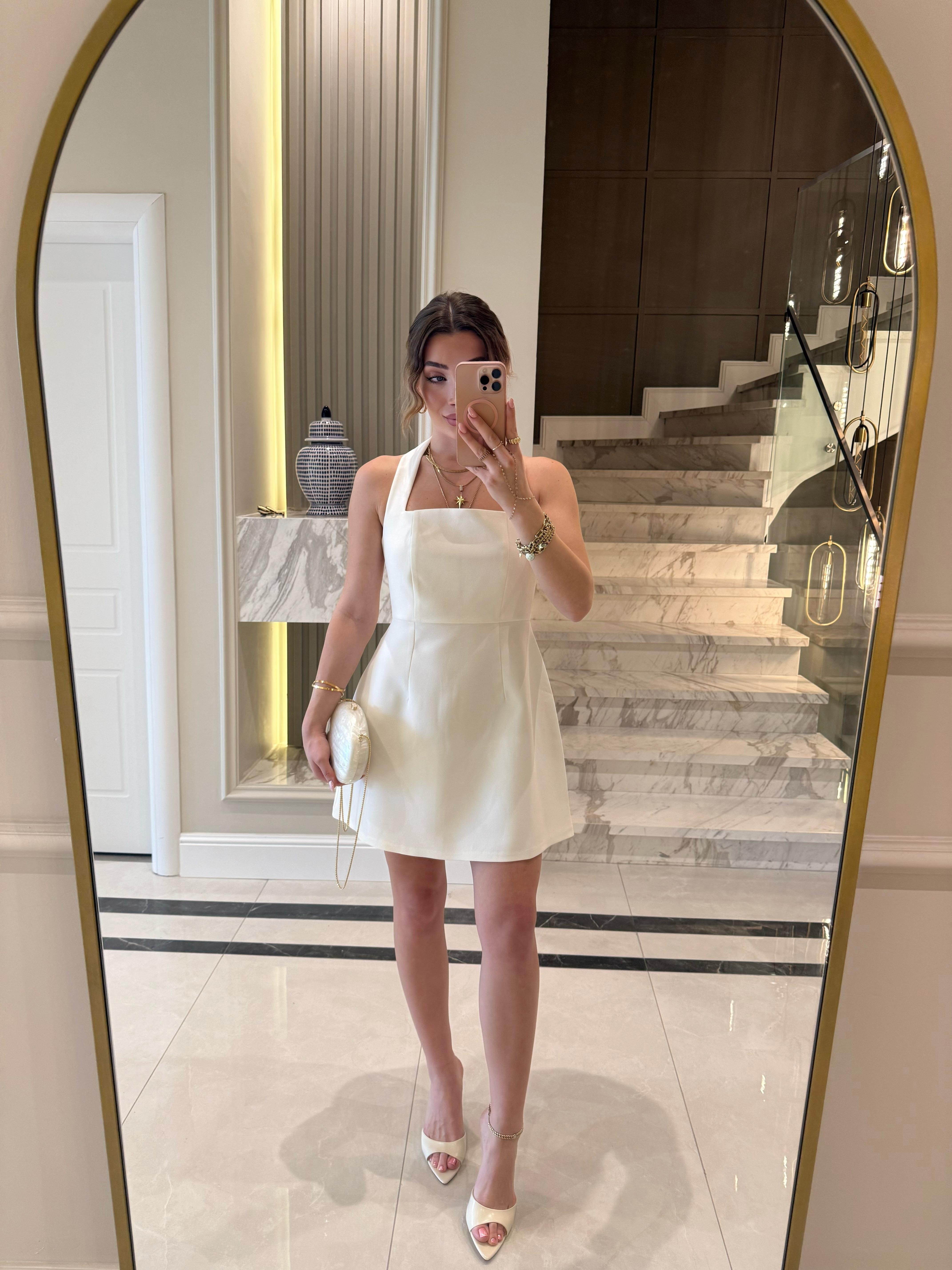 Beyaz Boyunda Askılı Mini Elbise-12328